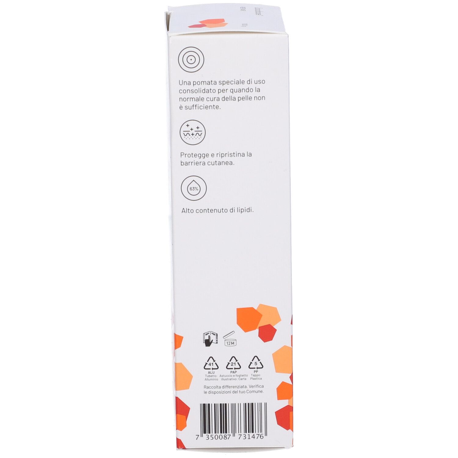 Seite der Locobase Repair Creme-Schachtel. Enthält Produktinformationen, Symbole und Barcode.