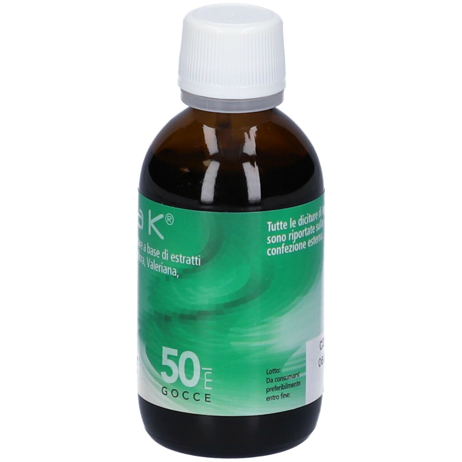 Flacone di vetro marrone con tappo bianco. Etichetta con nome del prodotto e ingredienti. 50 ml.