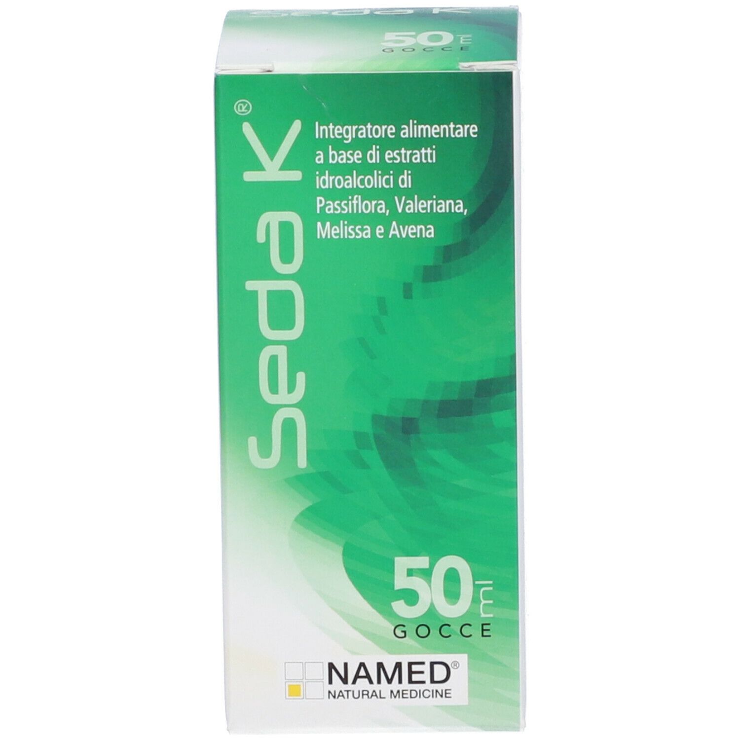Confezione verde del prodotto. Nome del prodotto e logo. 50 Gocce.