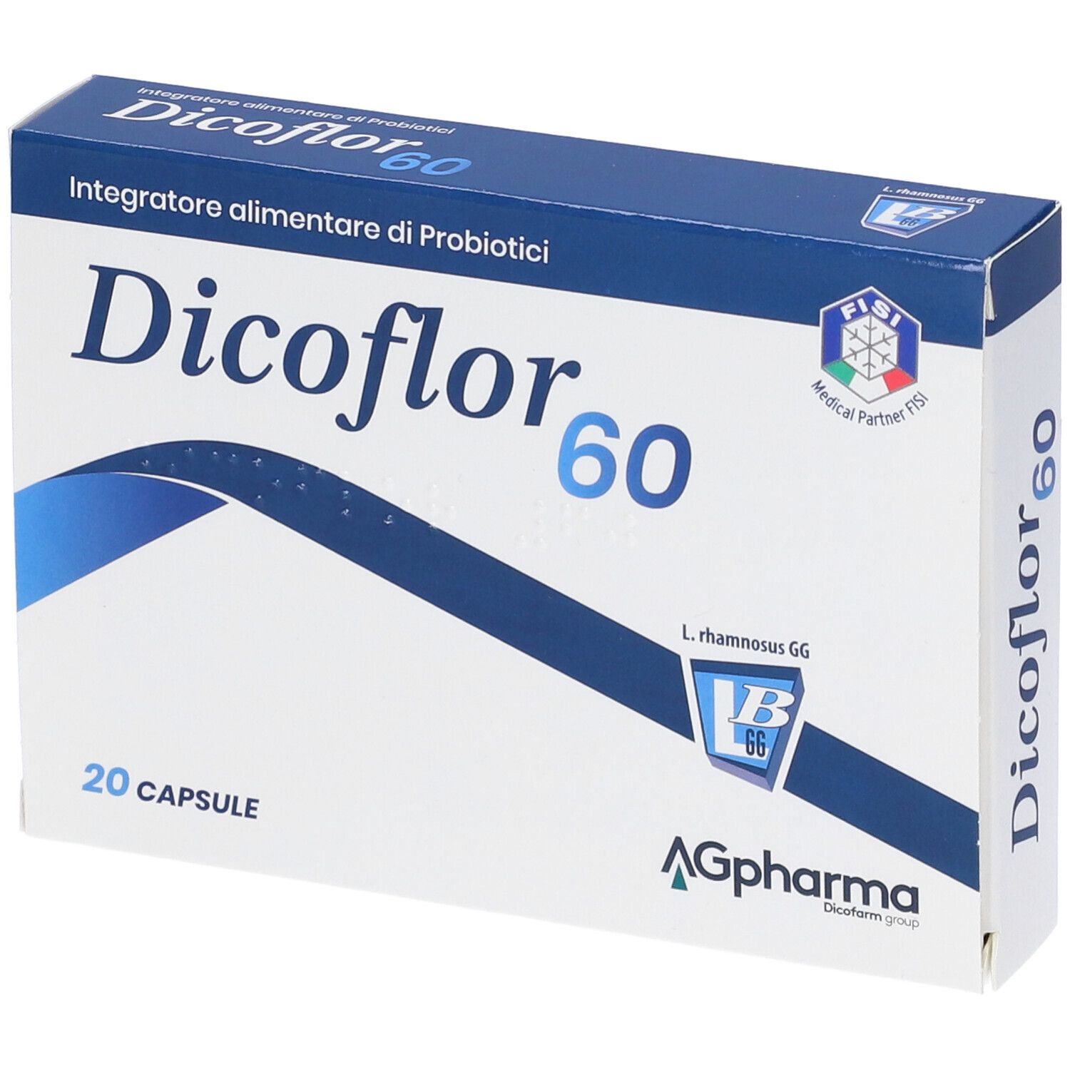 Boîte bleue et blanche "Dicoflor 60". Contient 20 gélules. Texte et logo en italien.