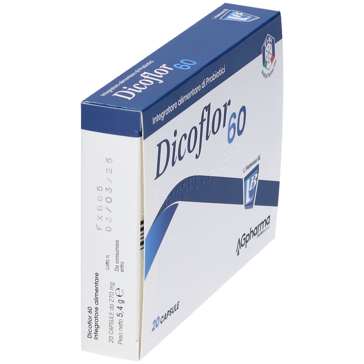 Boîte "Dicoflor 60" en biais. Couleurs bleu et blanc. Texte et logo en italien.