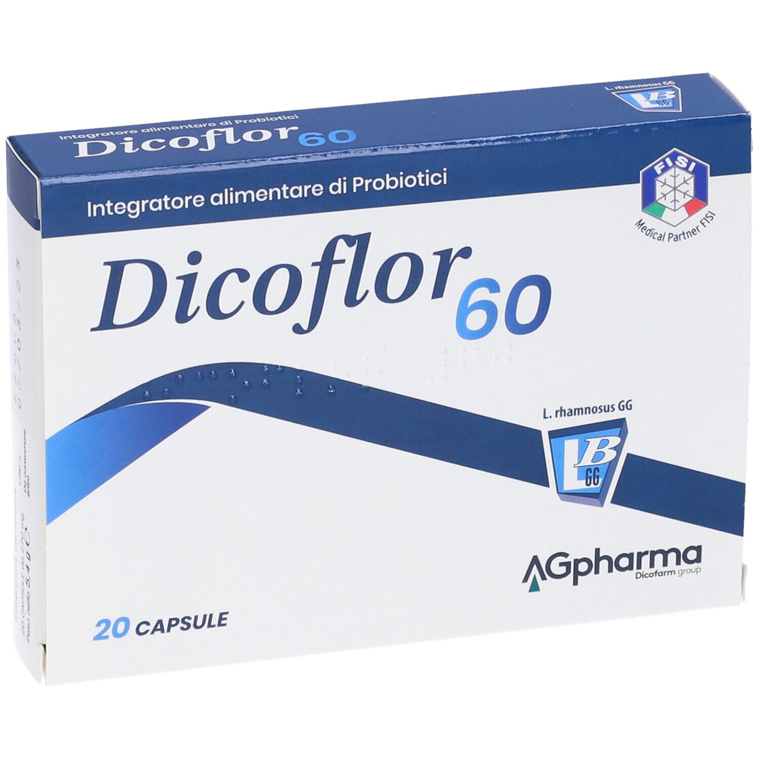 Vue de face de la boîte "Dicoflor 60". Couleurs bleu et blanc. Contient 20 gélules. Texte en italien.