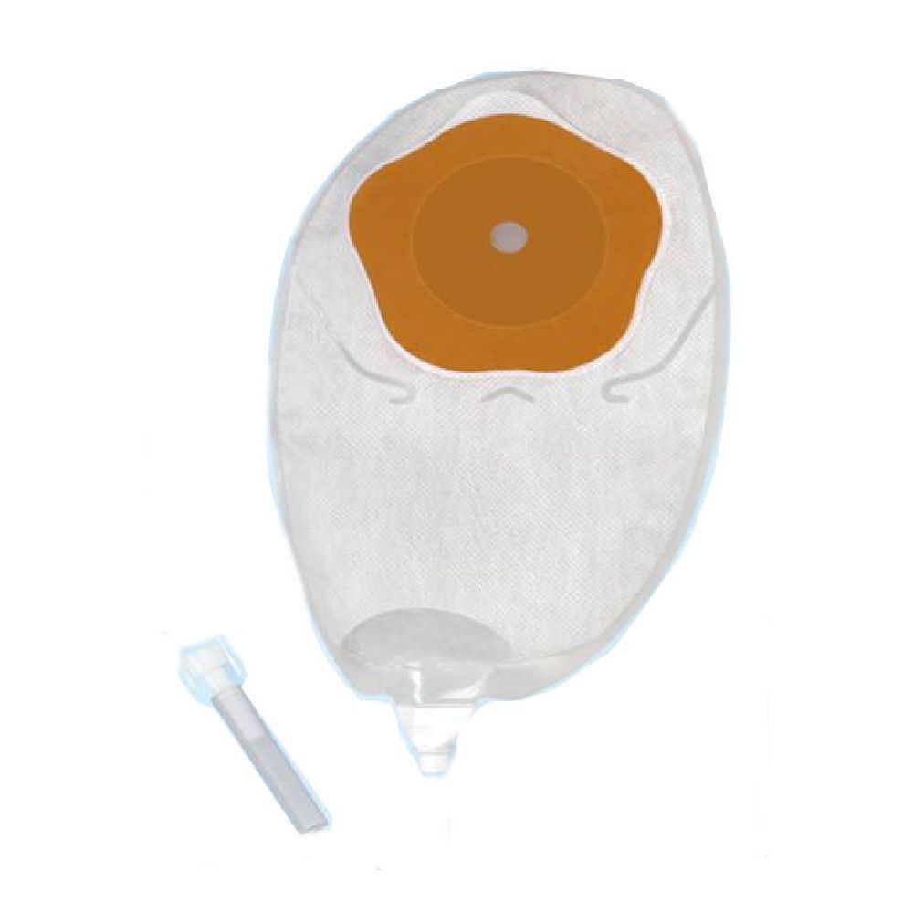 Sacchetto con anello marrone e accessori. Sacchetto bianco con anello marrone al centro. Accessorio accanto.