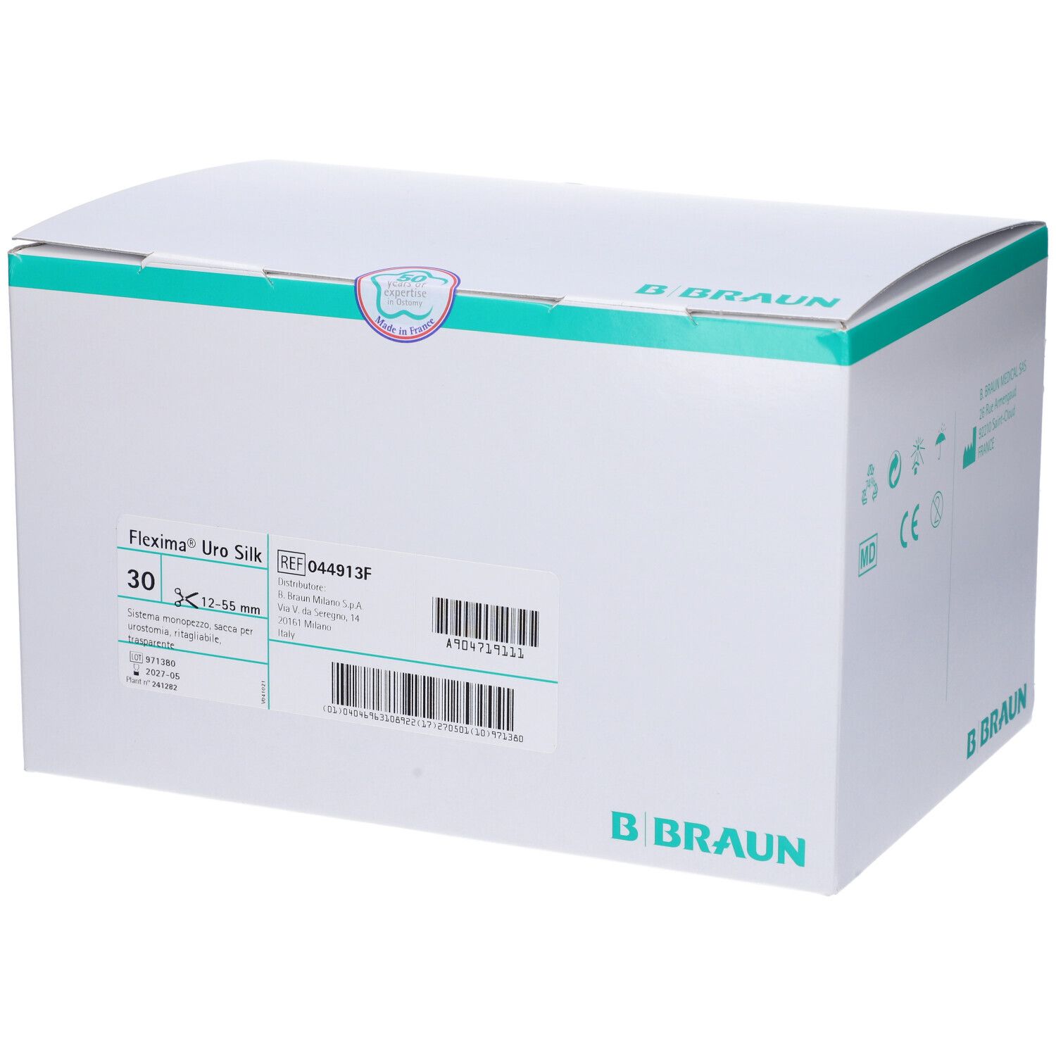 Confezione Flexima Uro Silk. Scatola bianca con informazioni sul prodotto e logo B. Braun. 30 pezzi, 12-55 mm.