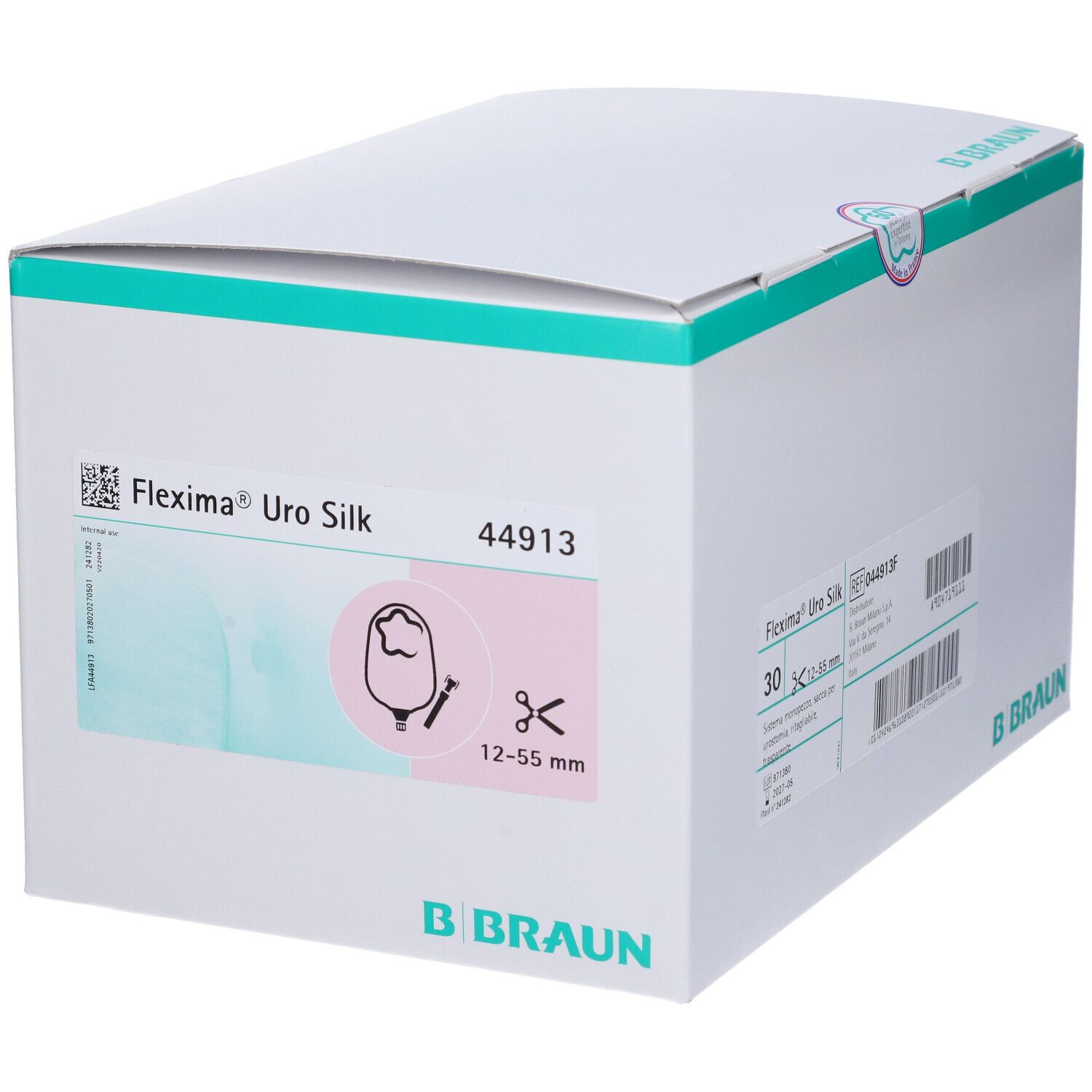 Confezione Flexima Uro Silk. Scatola bianca con informazioni sul prodotto e logo B. Braun. 30 pezzi, 12-55 mm.