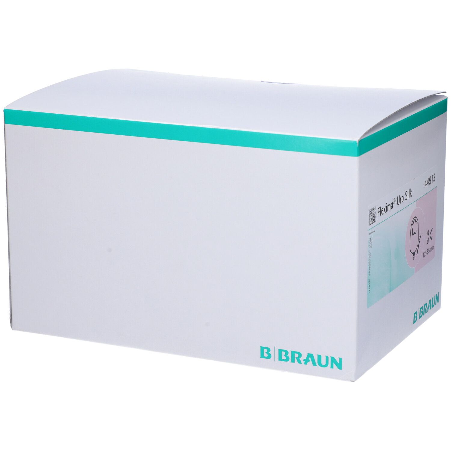 Scatola bianca con coperchio verde e logo B. Braun. Confezione Flexima Uro Silk. Informazioni sul prodotto.