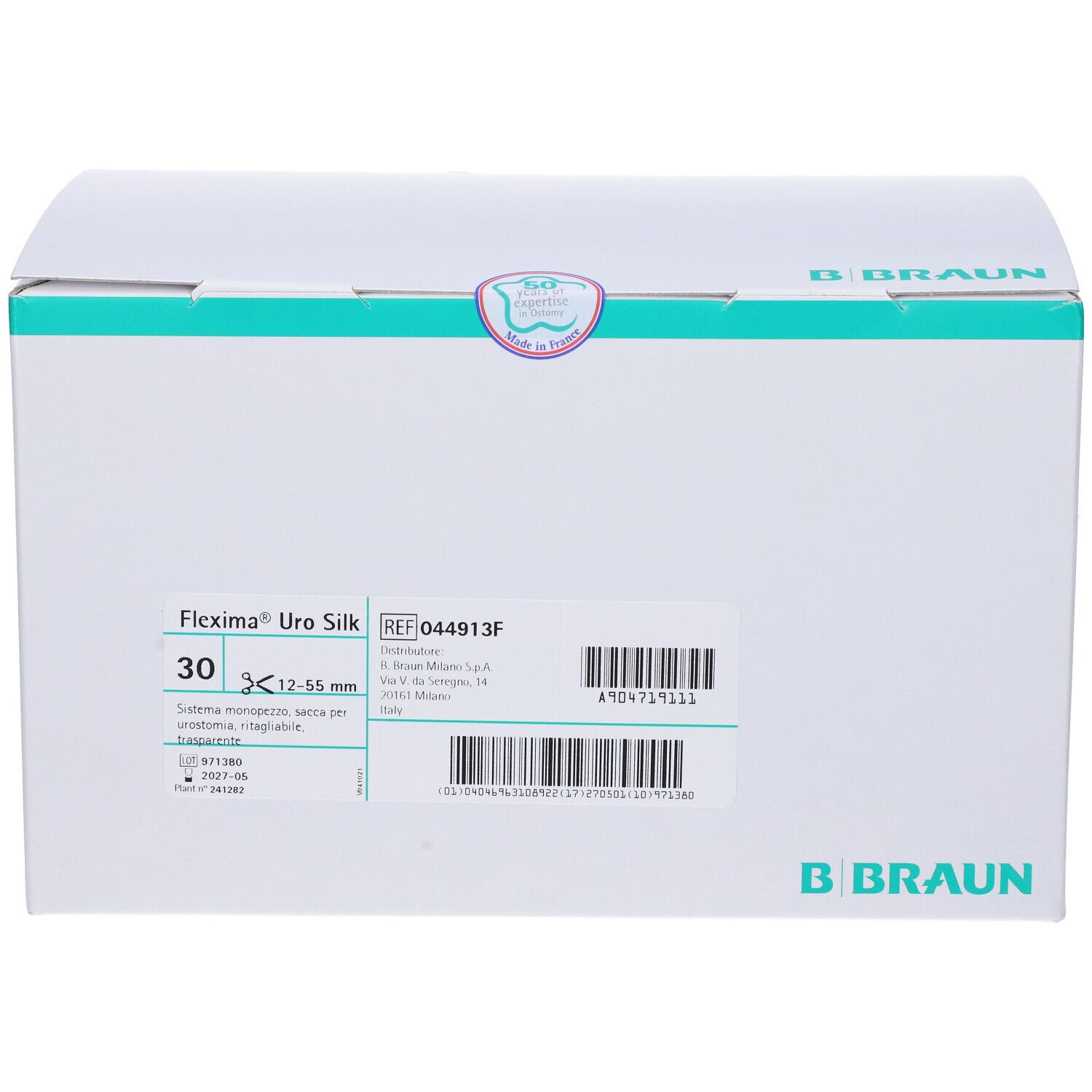 Confezione Flexima Uro Silk. Scatola bianca con informazioni sul prodotto e logo B. Braun. 30 pezzi, 12-55 mm.
