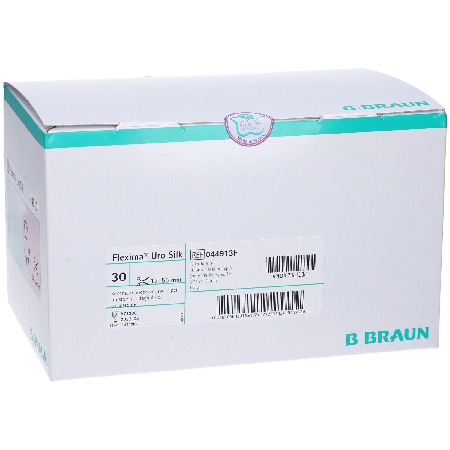 Confezione Flexima Uro Silk. Scatola bianca con informazioni sul prodotto e logo B. Braun. 30 pezzi, 12-55 mm.