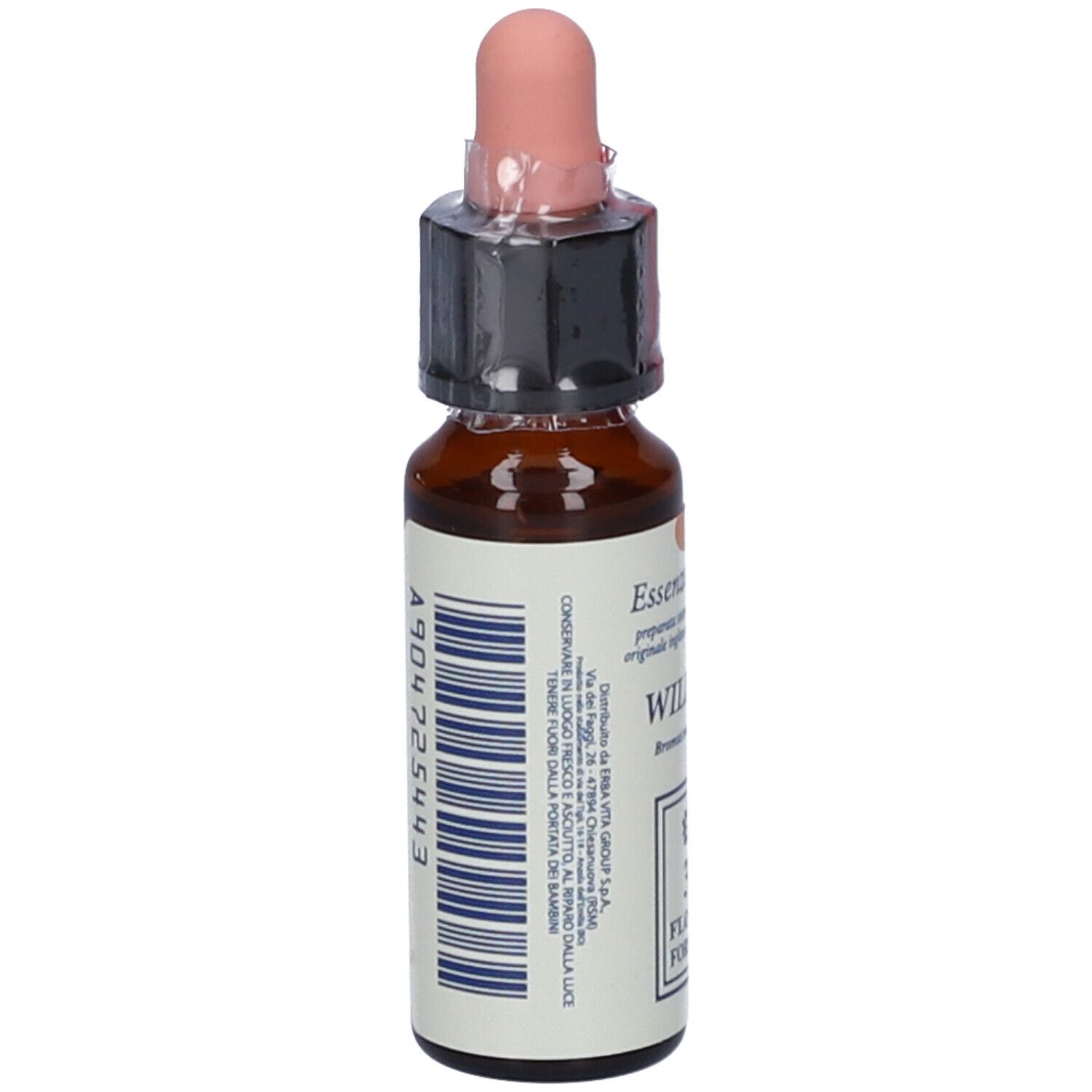 Flacone di vetro marrone con pipetta. Scritta: Essenza floreale, Wild Oat. Codice a barre e altre informazioni sull'etichetta.