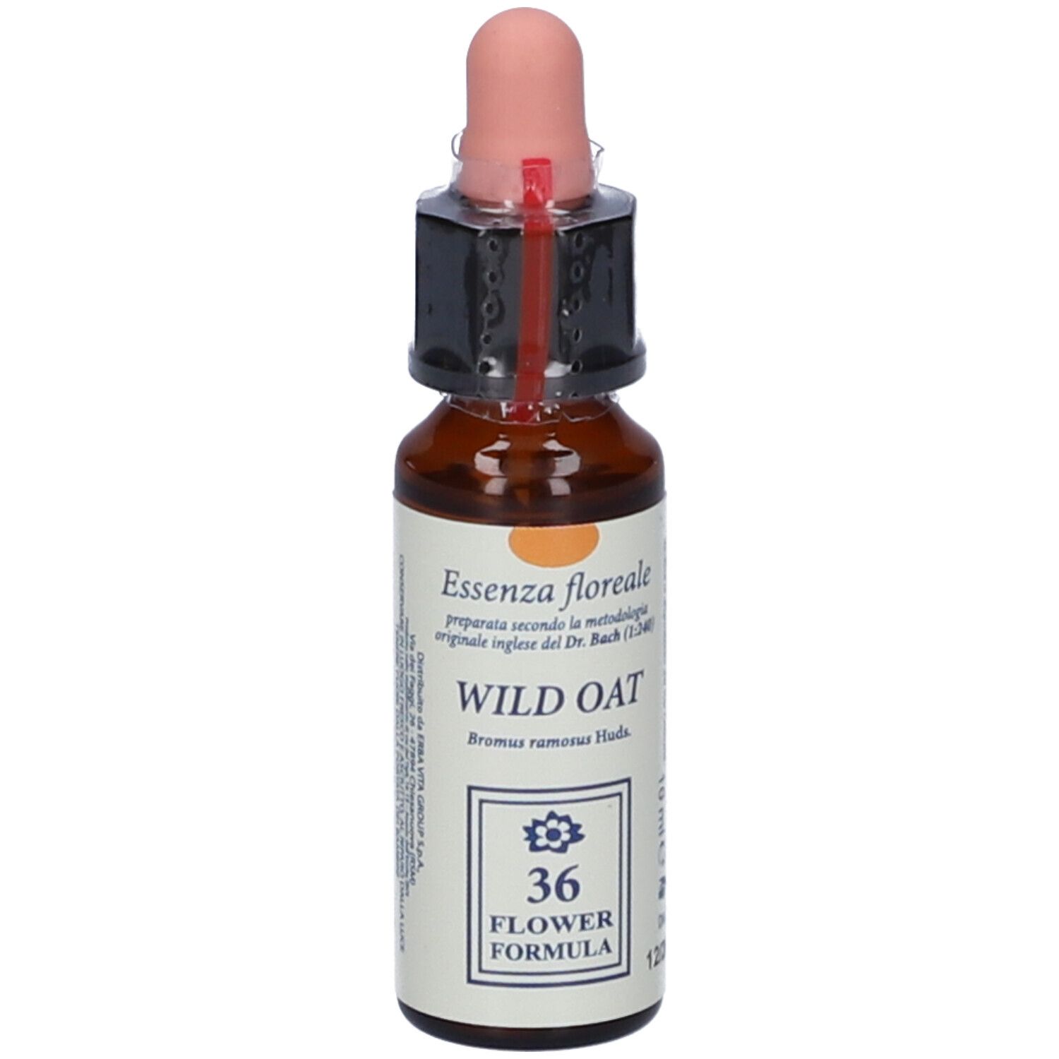 Flacone di vetro marrone con pipetta. Scritta: Essenza floreale, Wild Oat, 36 Flower Formula. 10 ml.