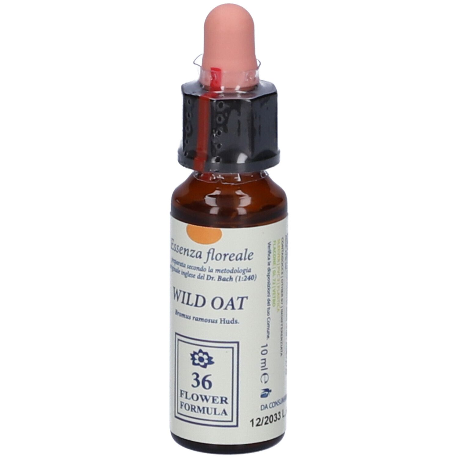Flacone di vetro marrone con pipetta. Scritta: Essenza floreale, Wild Oat, 36 Flower Formula. 10 ml. Data di scadenza.