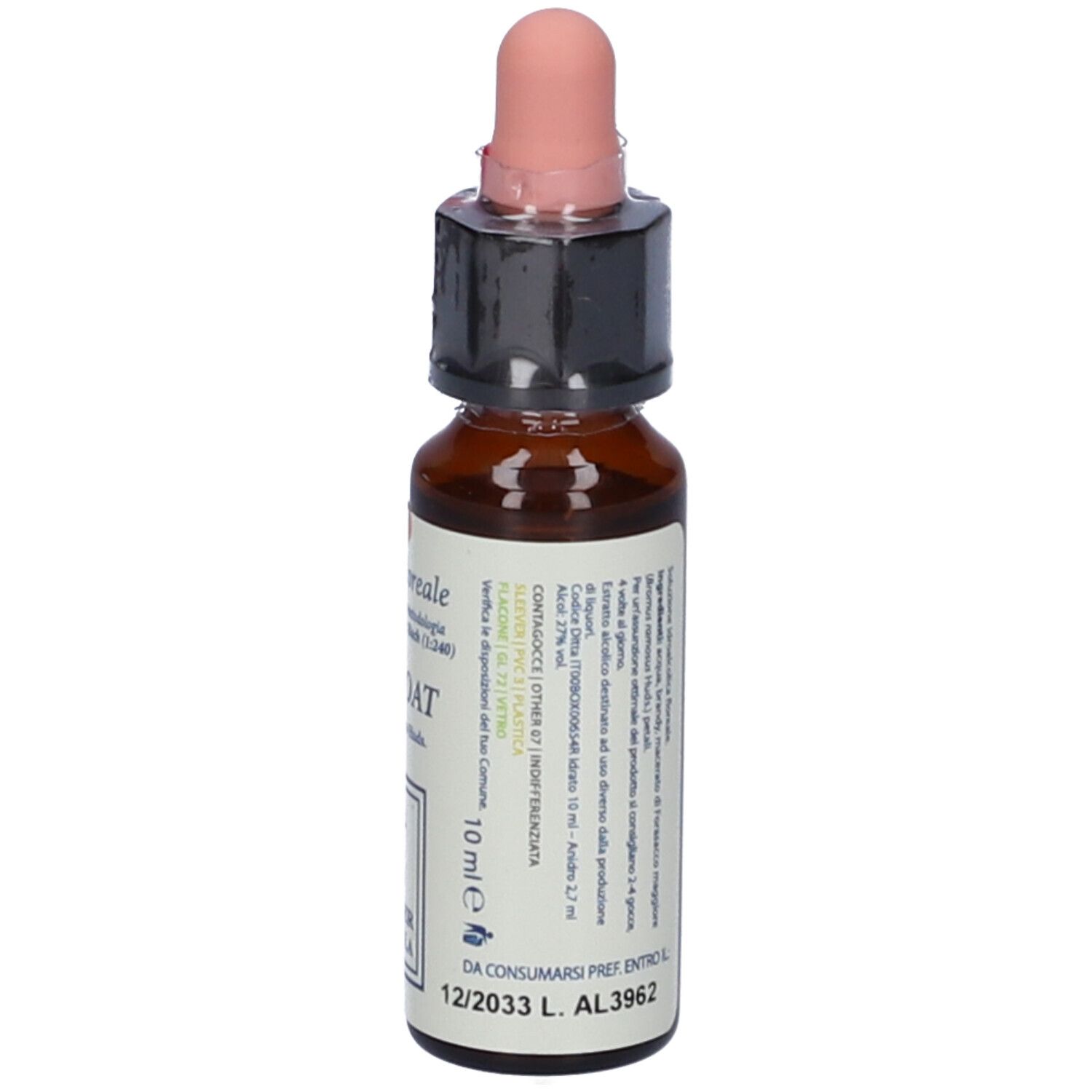 Flacone di vetro marrone con pipetta. Scritta: Wild Oat, 10 ml. Etichetta con ingredienti e data di scadenza.