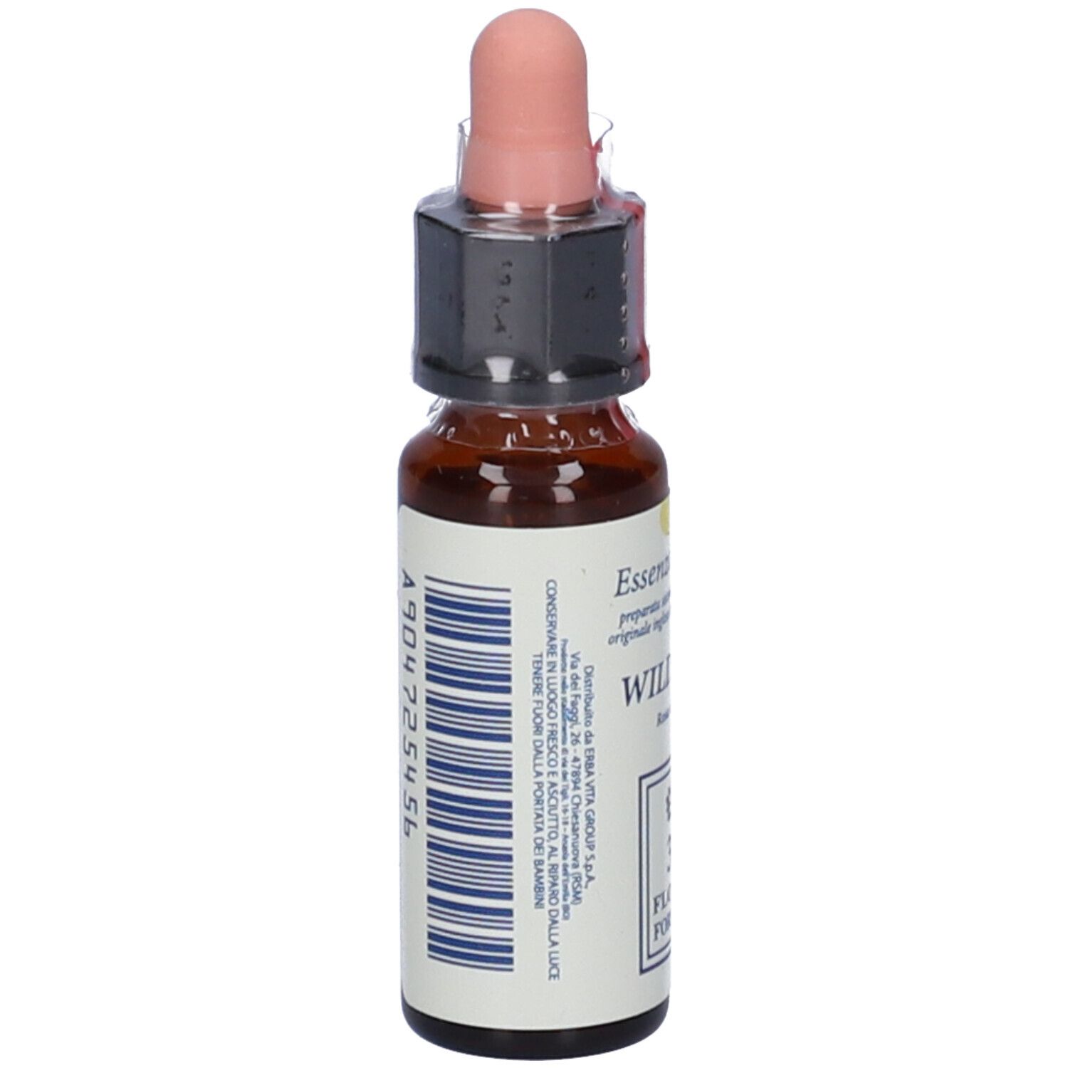 Flacone di vetro marrone con contagocce. Scritta: Wild Rose, Bach Flower Formula. Tappo rosa. Confezionato.