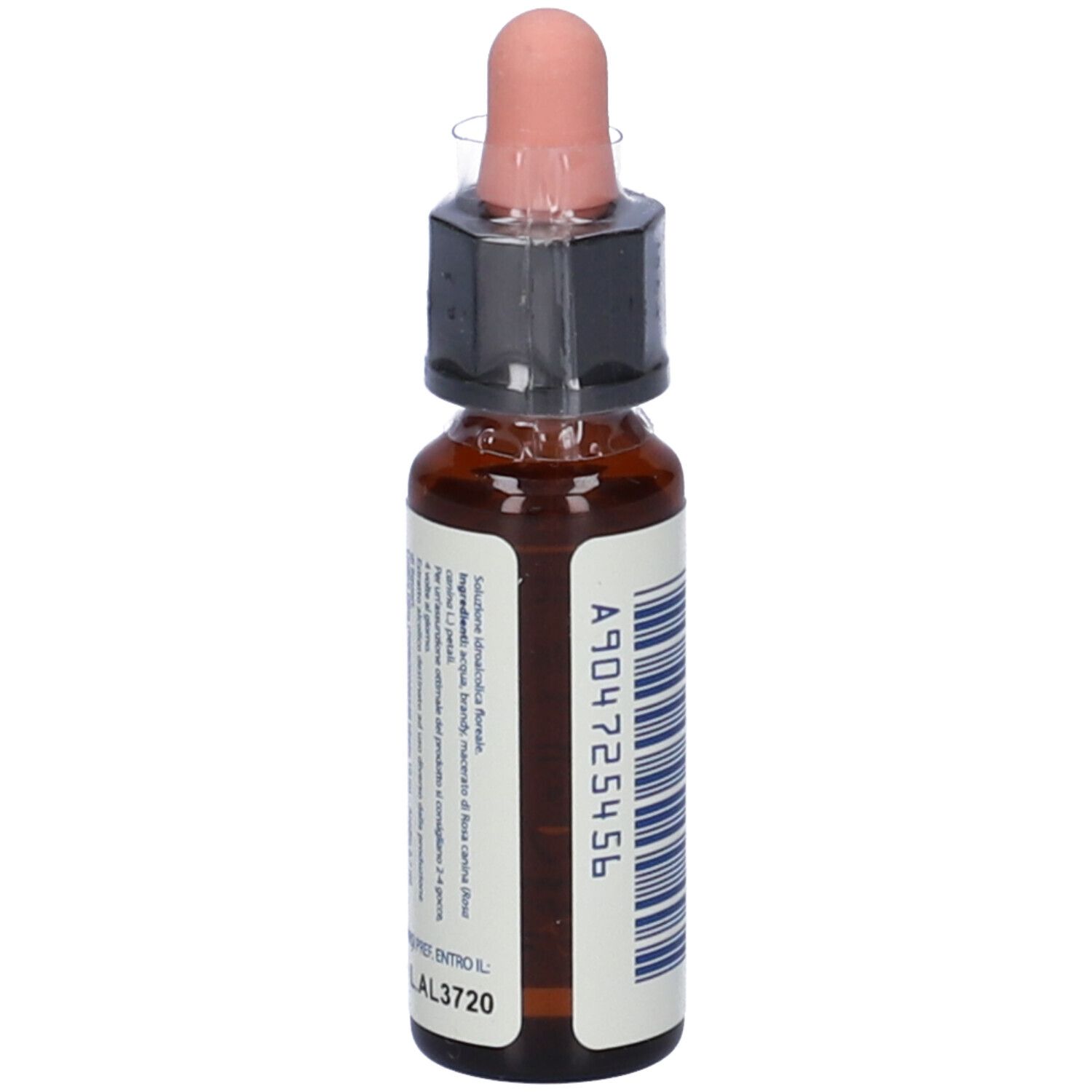 Flacone di vetro marrone con contagocce. Scritta: Wild Rose, Bach Flower Formula. Tappo rosa. Confezionato.