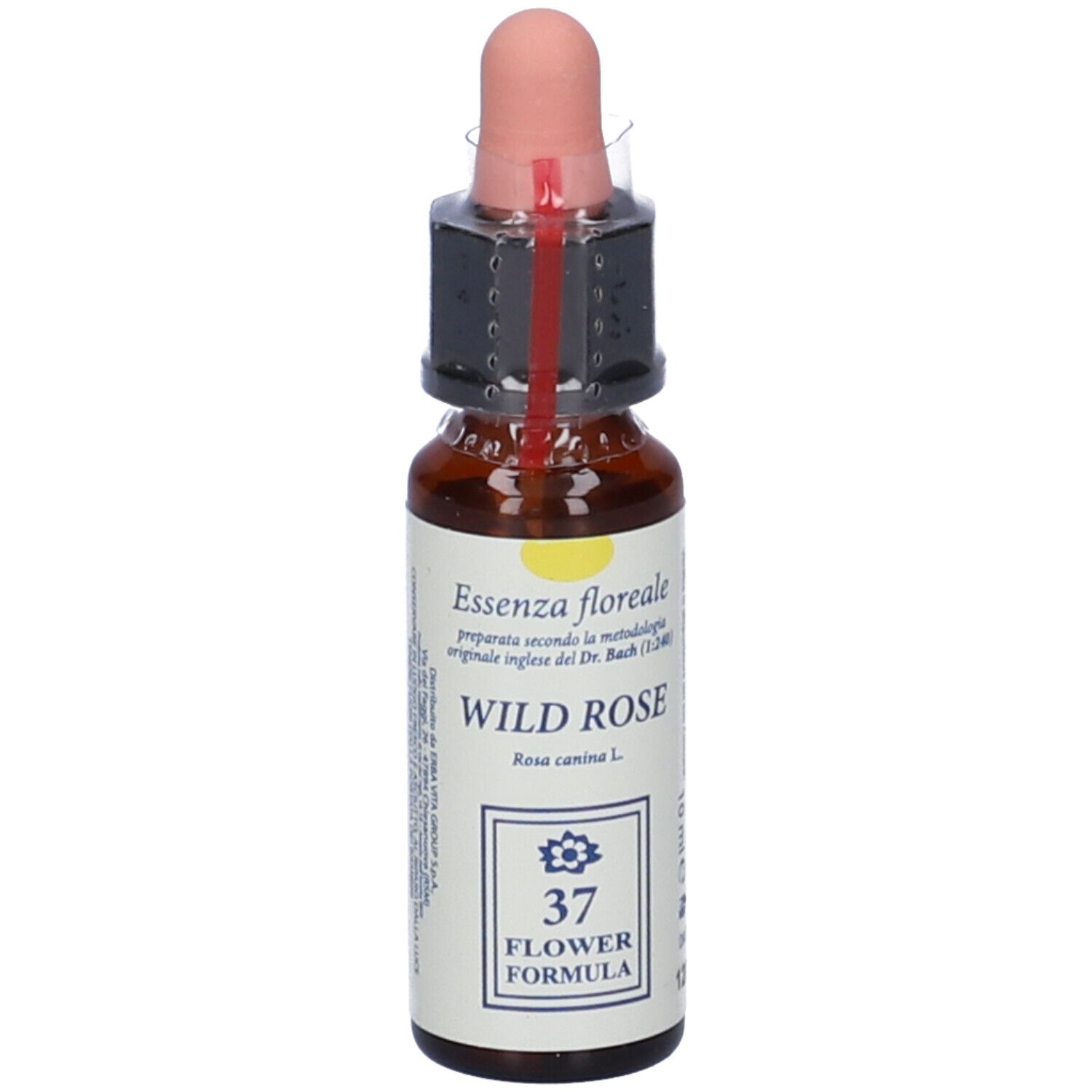 Flacone di vetro marrone con contagocce. Scritta: Wild Rose, Bach Flower Formula. Tappo rosa. Confezionato.