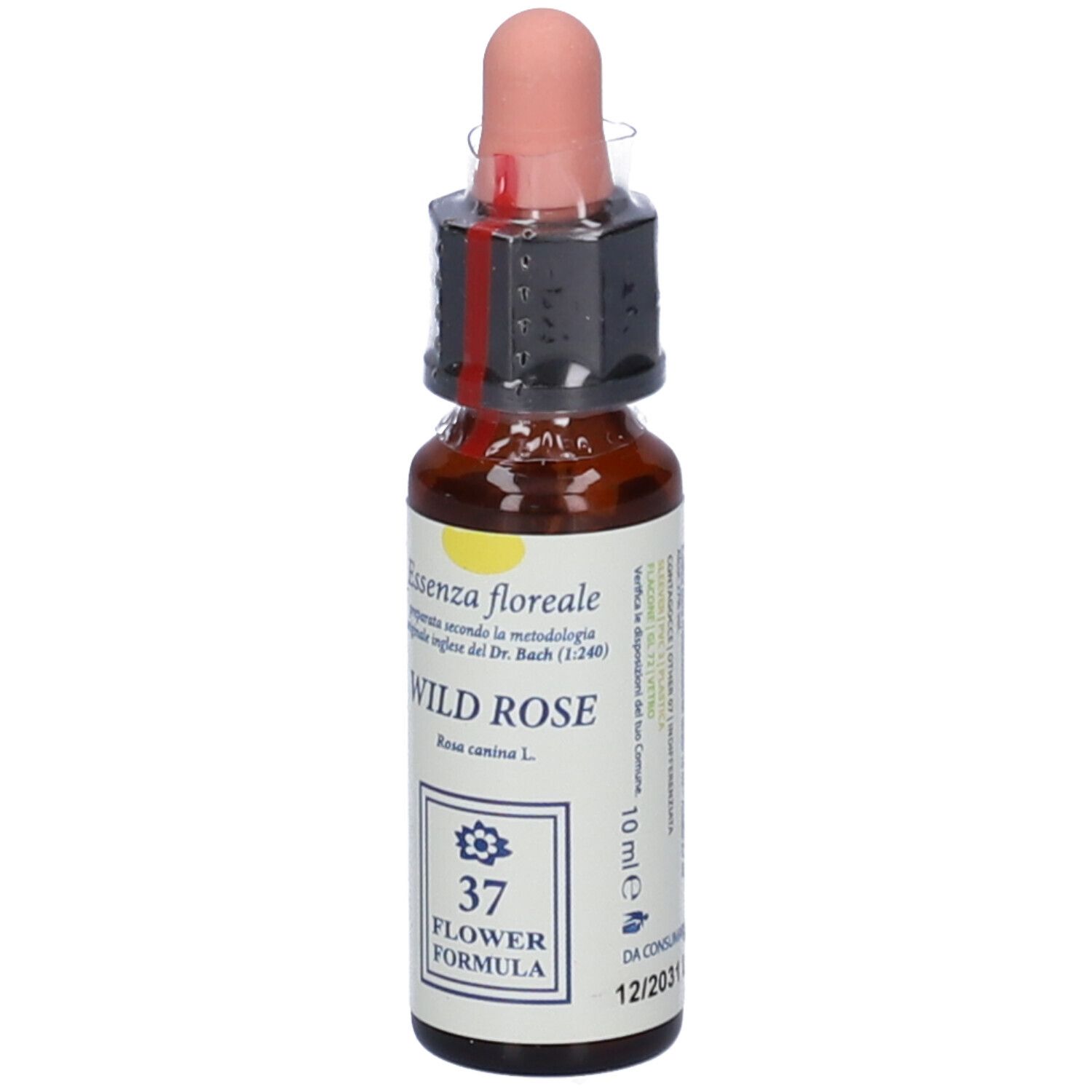 Flacone di vetro marrone con contagocce. Scritta: Wild Rose, Bach Flower Formula. Tappo rosa. Confezionato.
