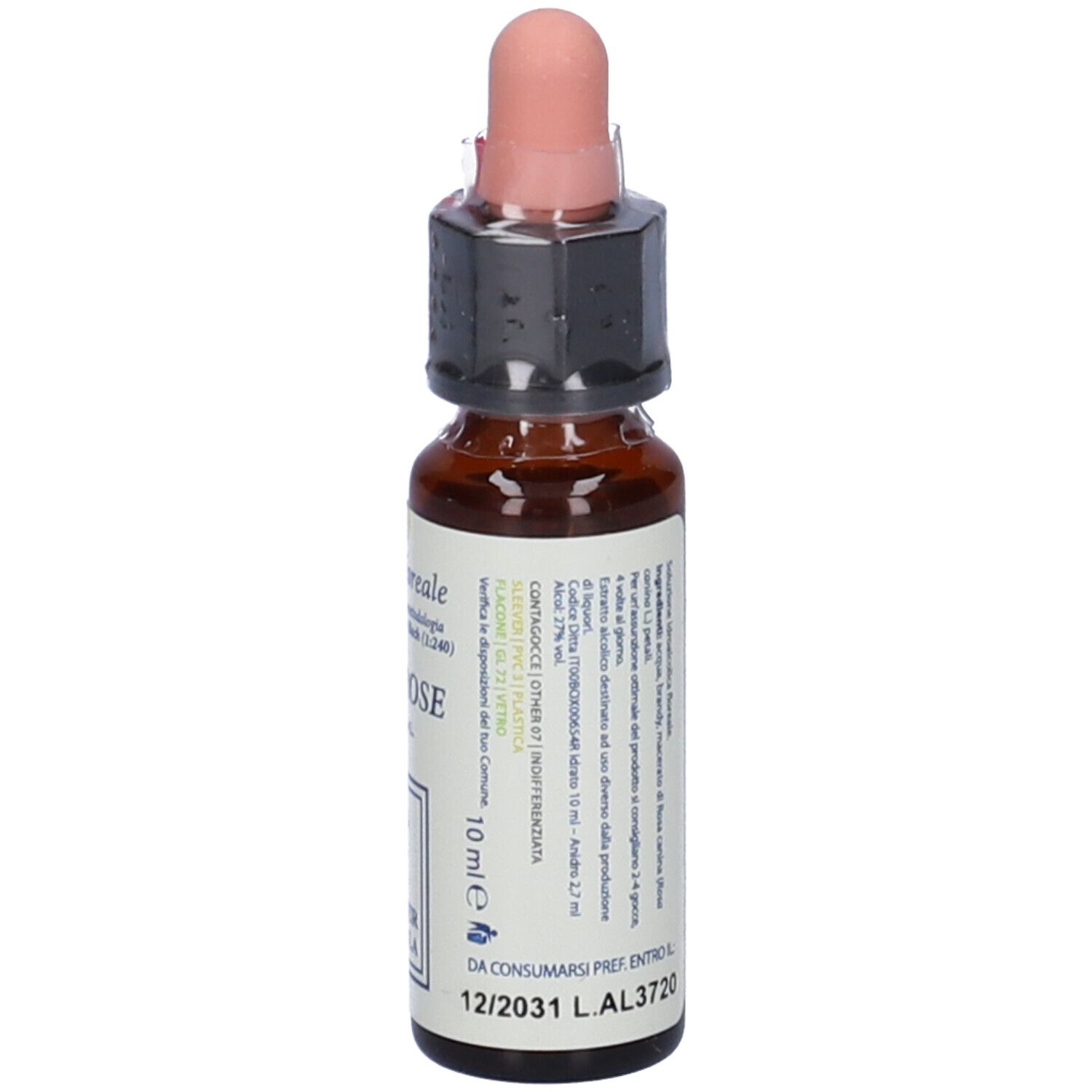 Flacone di vetro marrone con contagocce. Scritta: Wild Rose, Bach Flower Formula. Tappo rosa. Confezionato.