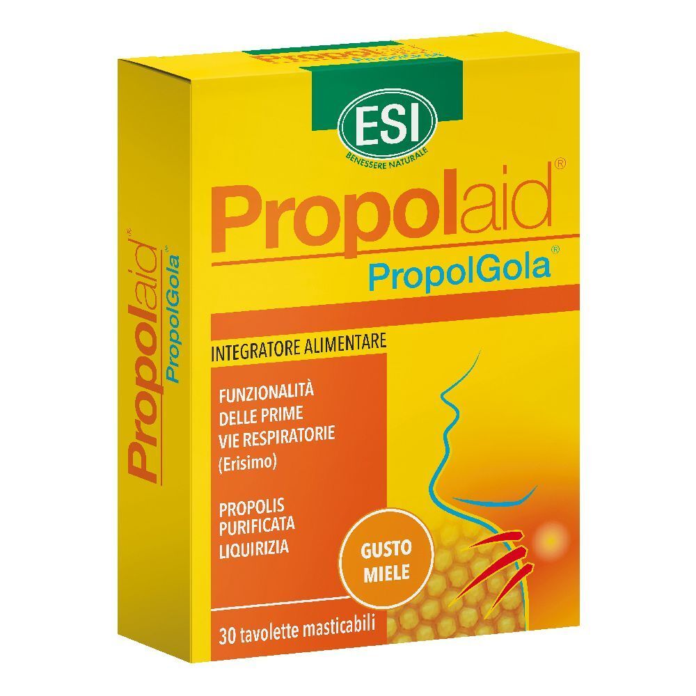 Scatola gialla "Propolaid PropolGola". Contiene 30 tavolette masticabili. Gusto miele.