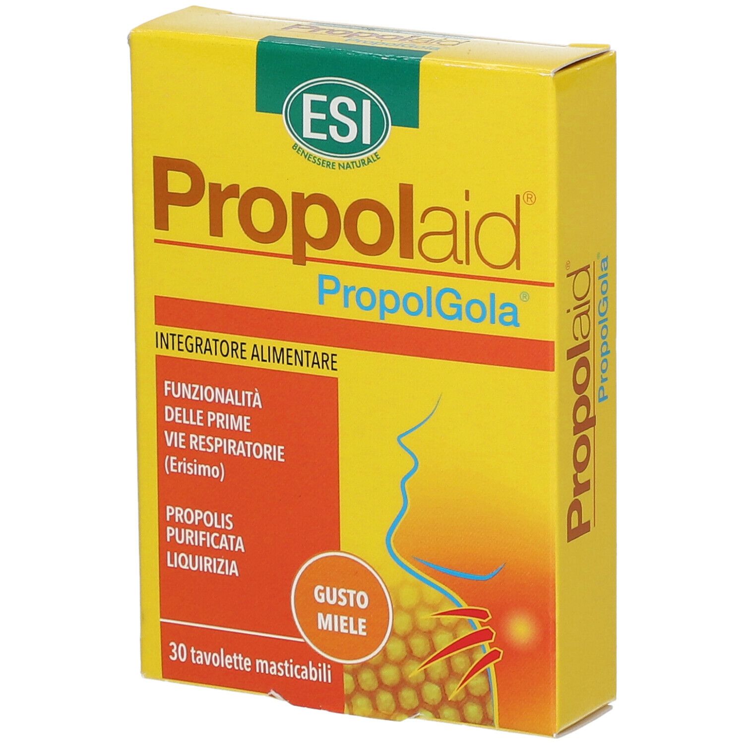 Scatola gialla "Propolaid PropolGola". Contiene 30 tavolette masticabili. Gusto miele.