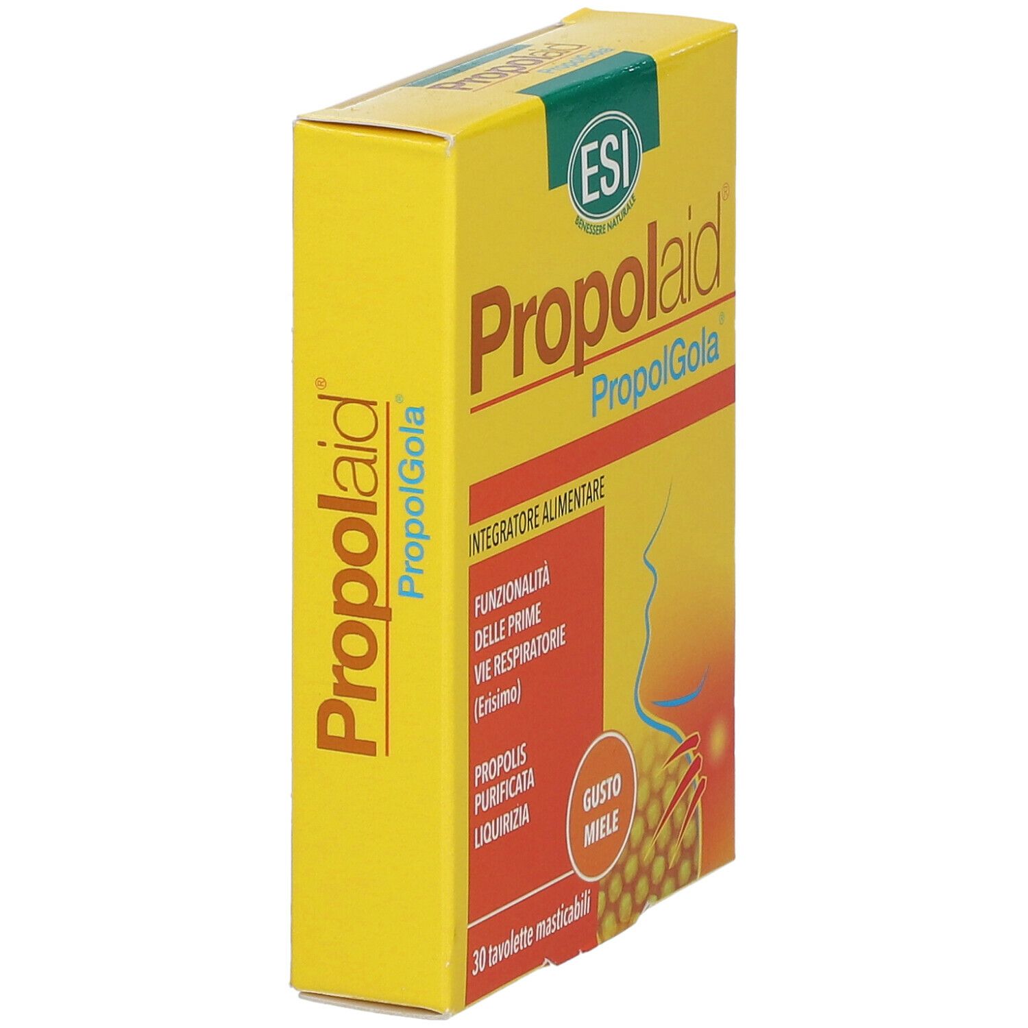 Scatola gialla "Propolaid PropolGola". Contiene 30 tavolette masticabili. Gusto miele.