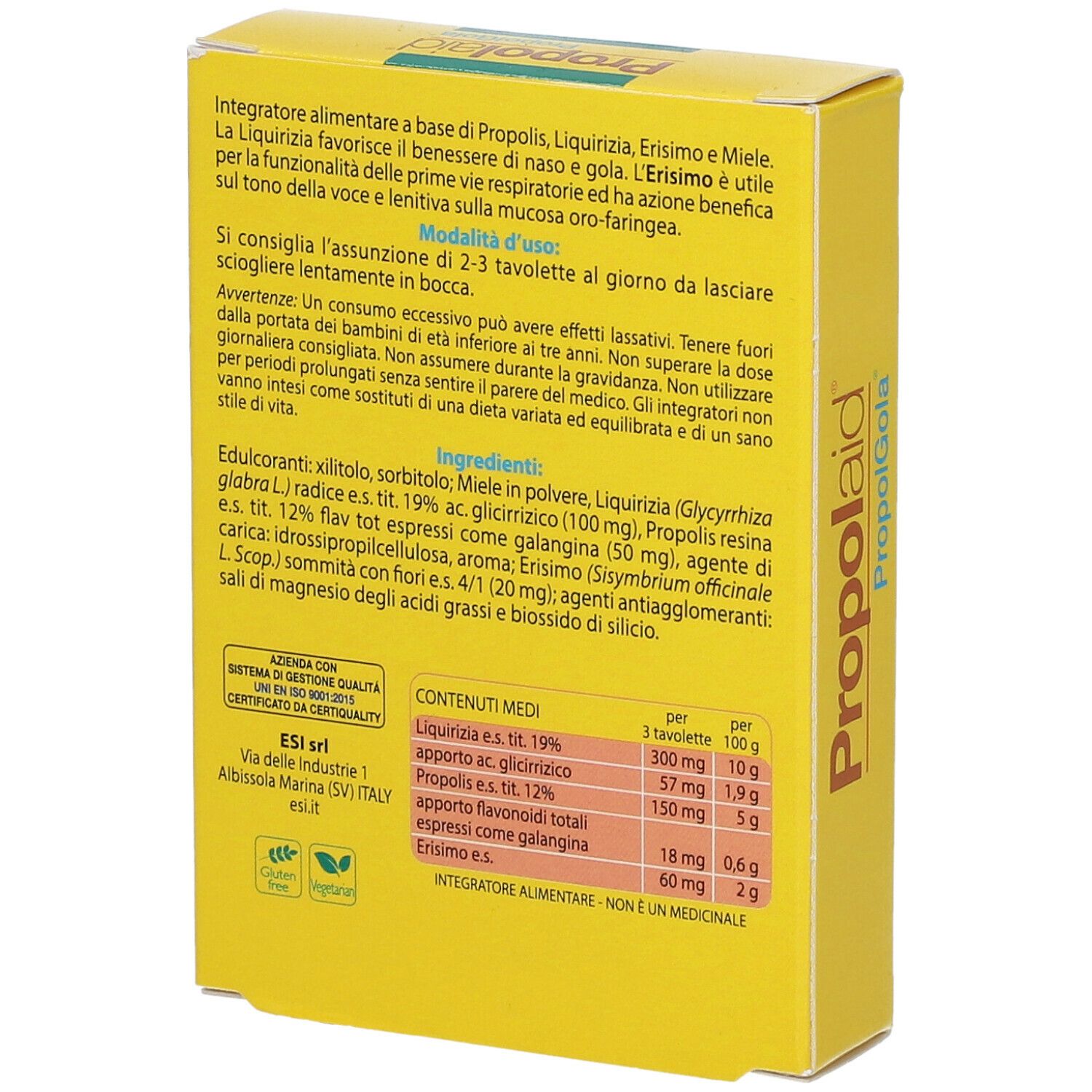 Retro della scatola gialla "Propolaid PropolGola". Contiene informazioni e ingredienti.