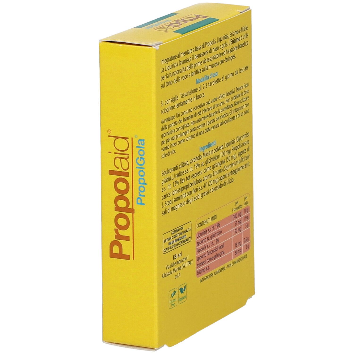 Retro della scatola gialla "Propolaid PropolGola". Contiene informazioni e ingredienti.
