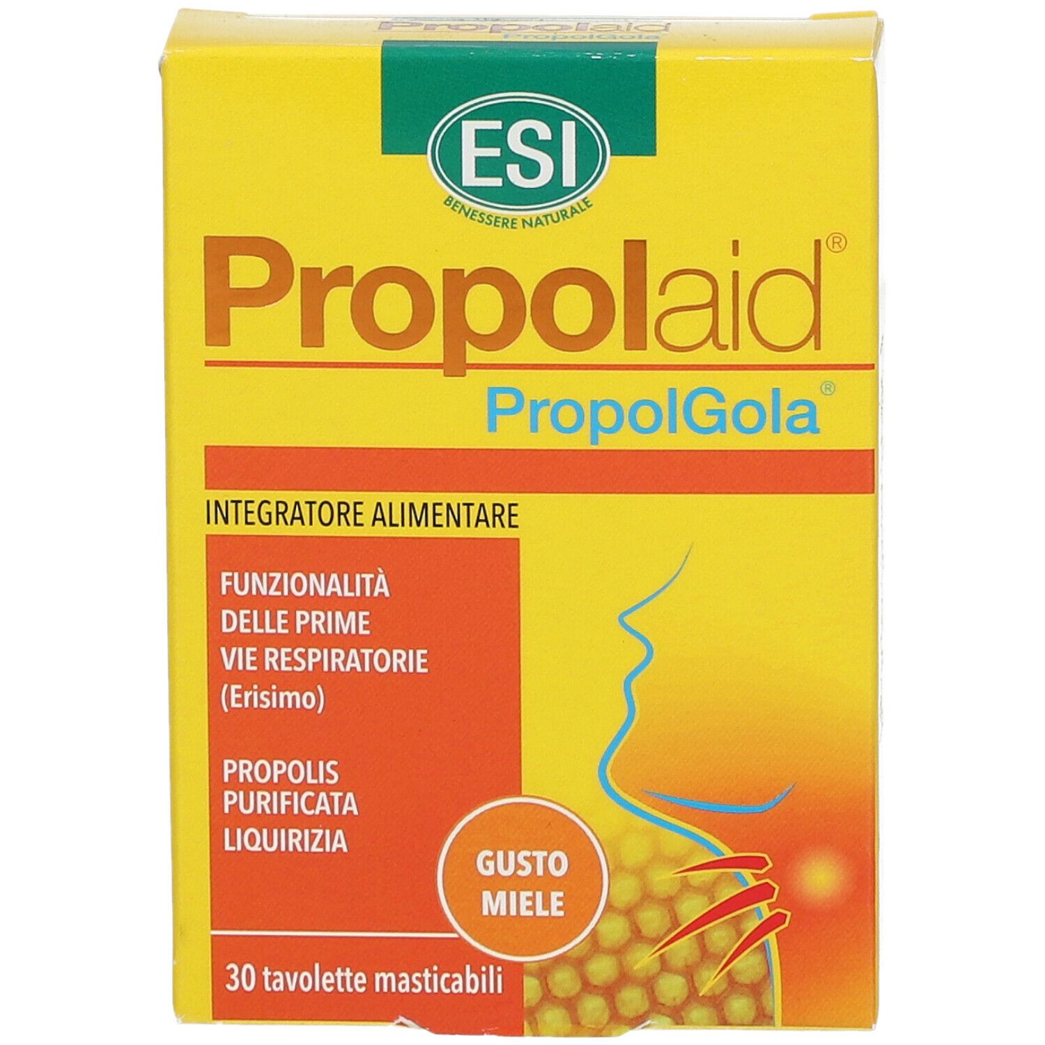 Scatola gialla "Propolaid PropolGola". Contiene 30 tavolette masticabili. Gusto miele.