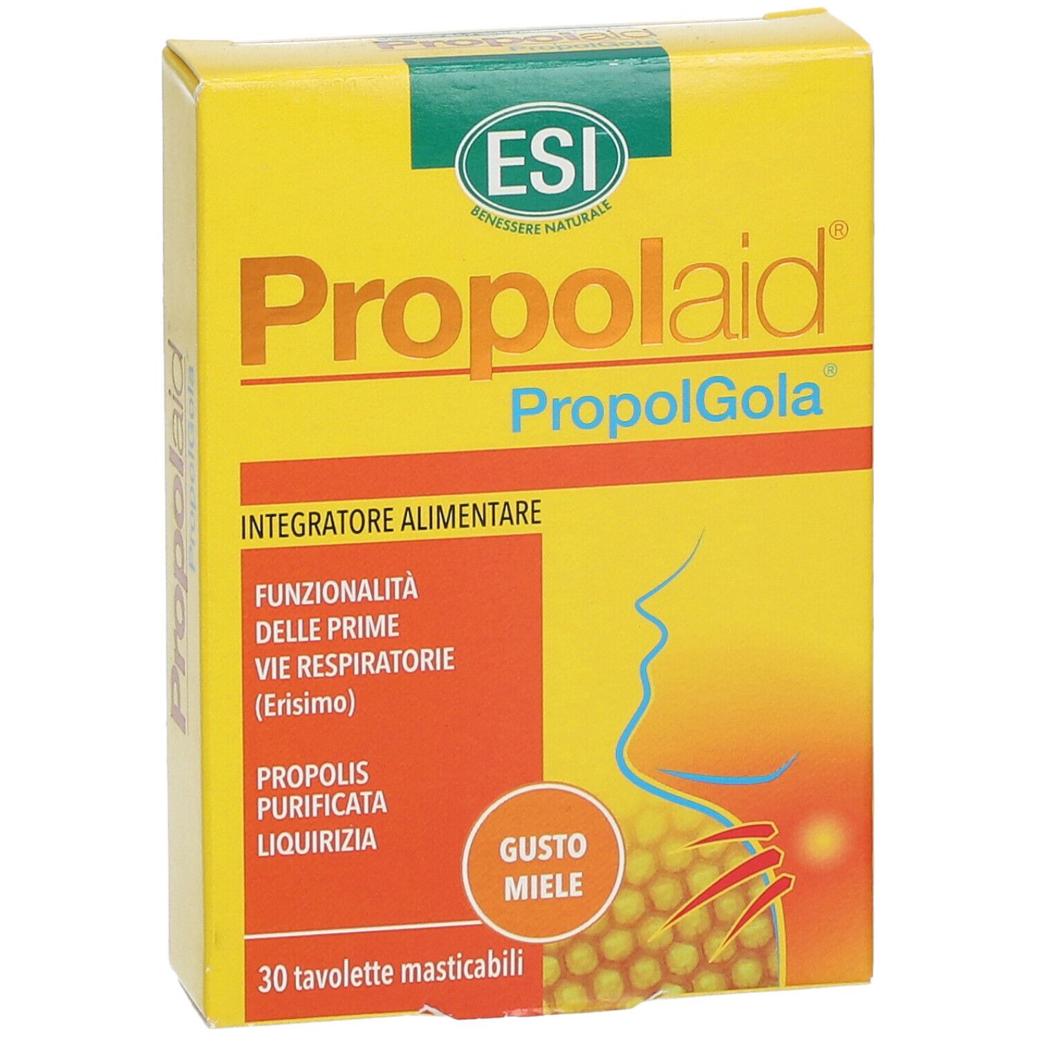 Scatola gialla "Propolaid PropolGola". Contiene 30 tavolette masticabili. Gusto miele.