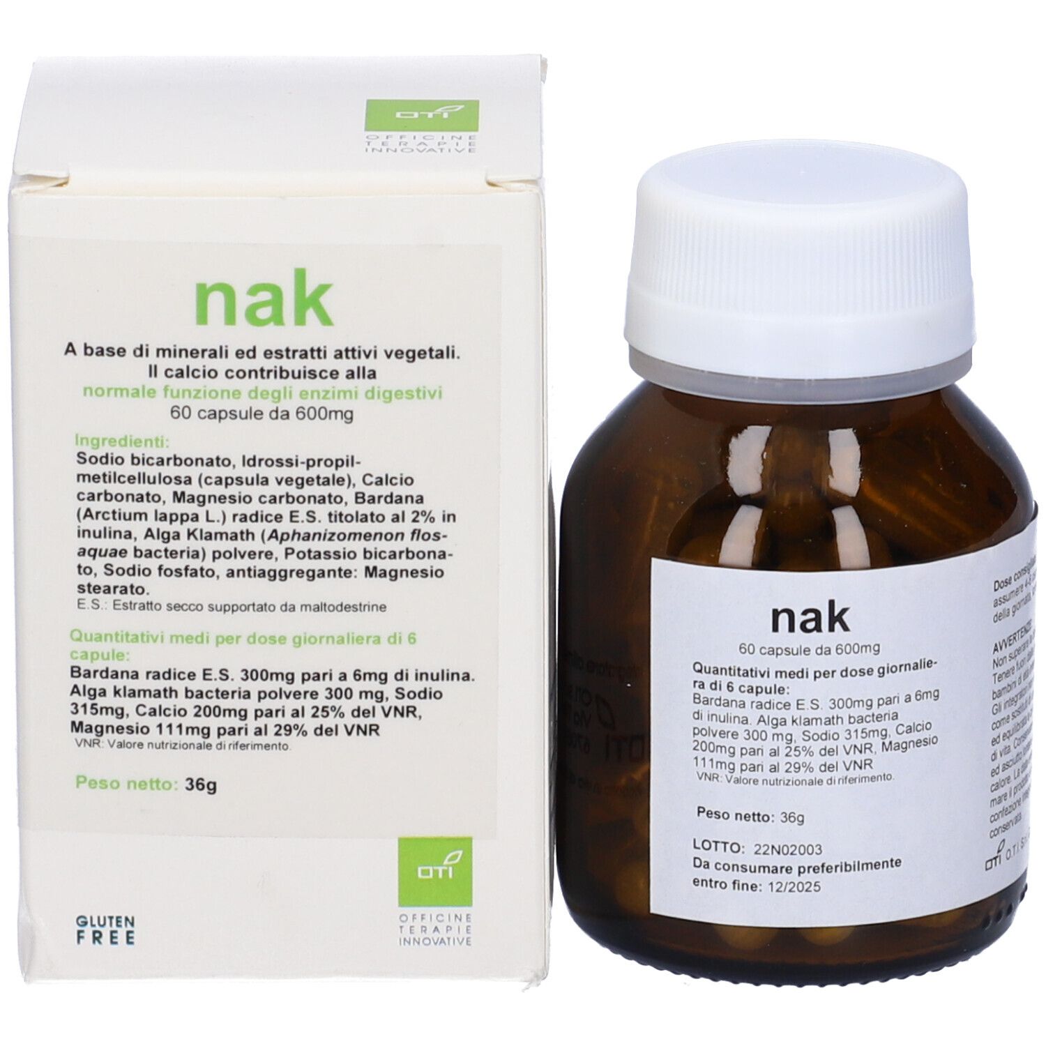 Nak 60 capsule, flacone marrone, tappo bianco, accanto alla confezione con informazioni.