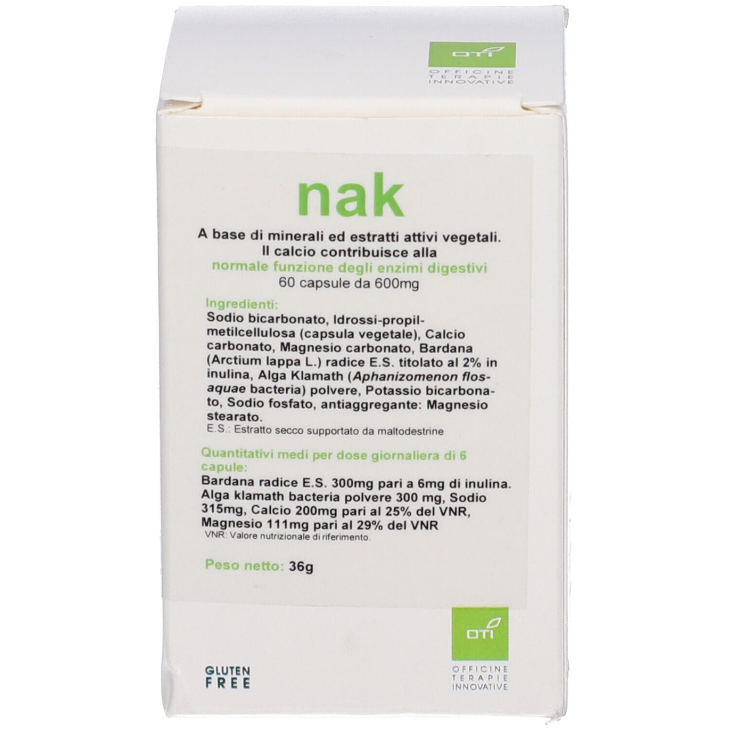 Confezione di Nak 60 capsule. Bianca con accenti verdi. Informazioni e ingredienti.