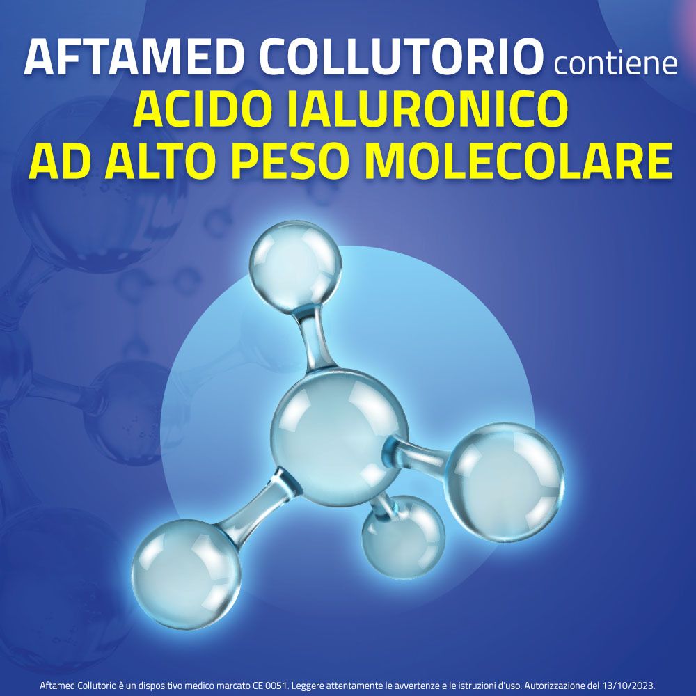 Grafica: Aftamed Collutorio contiene acido ialuronico ad alto peso molecolare. Rappresentazione molecolare.