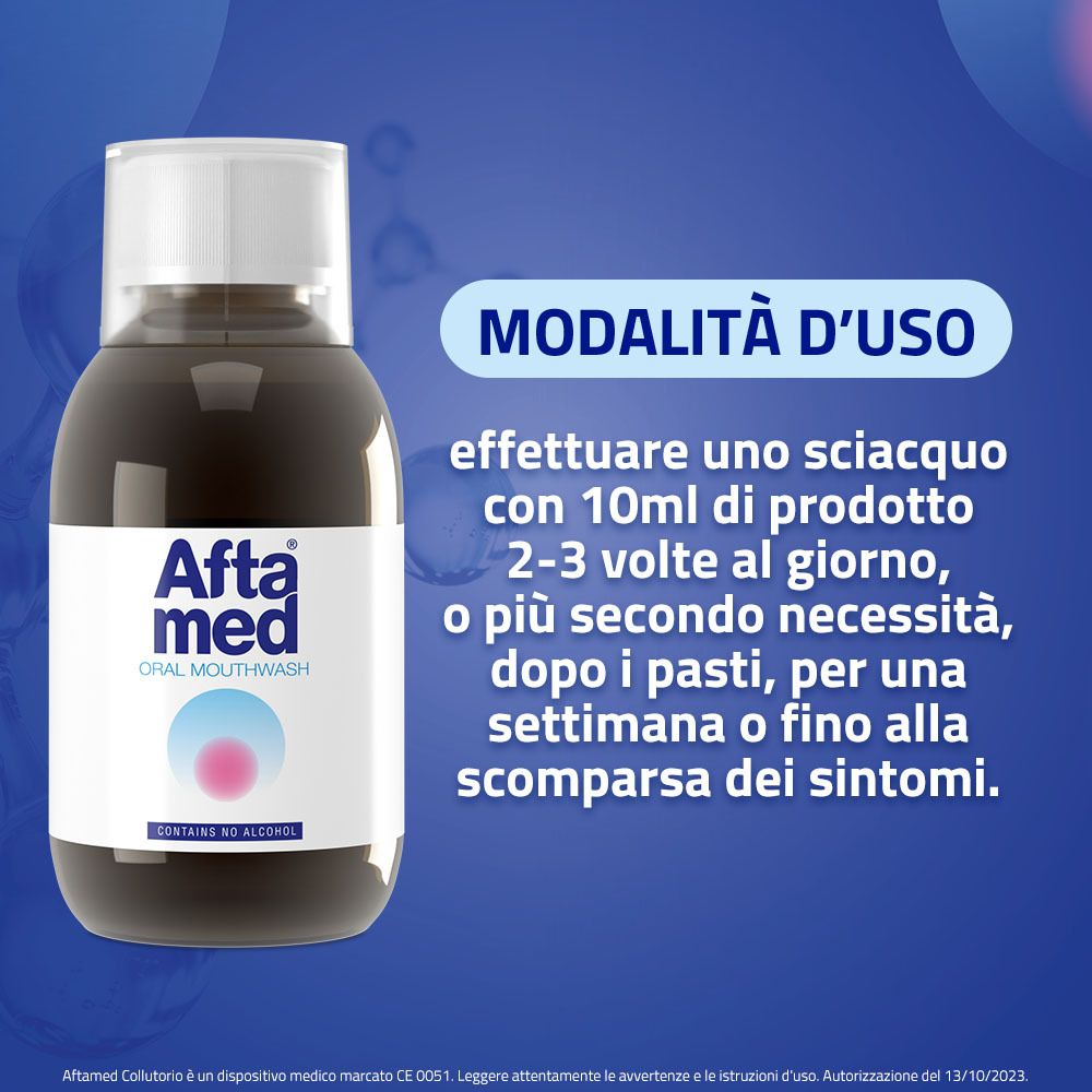 Flacone di collutorio Aftamed. Uso: 10 ml, 2-3 volte al giorno, dopo i pasti, per una settimana o fino alla scomparsa dei sintomi.