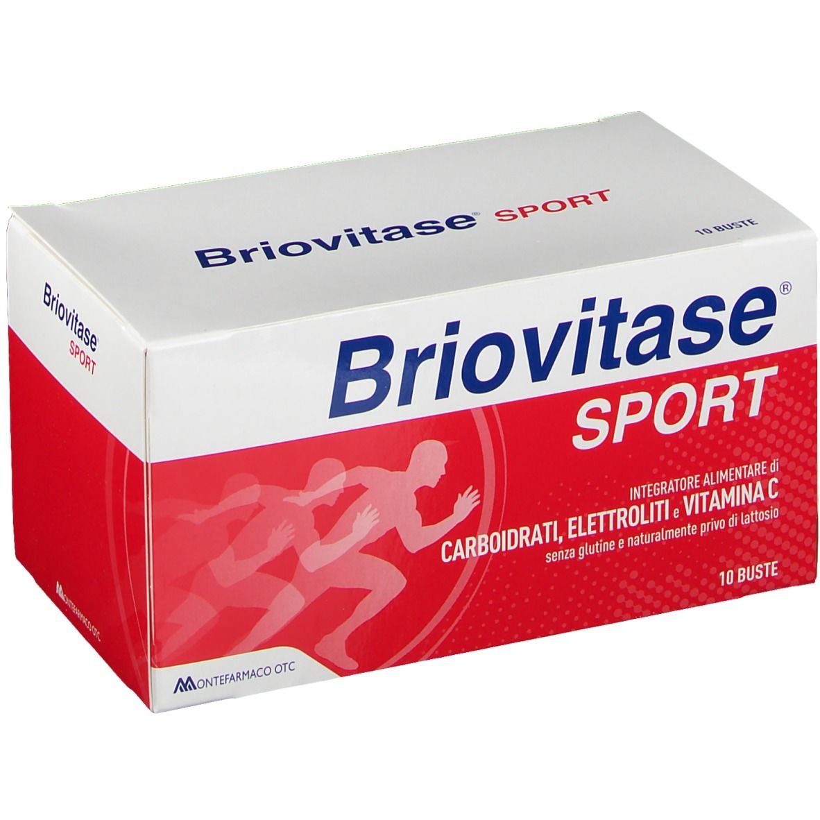 Confezione Briovitase Sport. Scatola bianca con area rossa. Nome del prodotto, ingredienti e 10 bustine visibili.