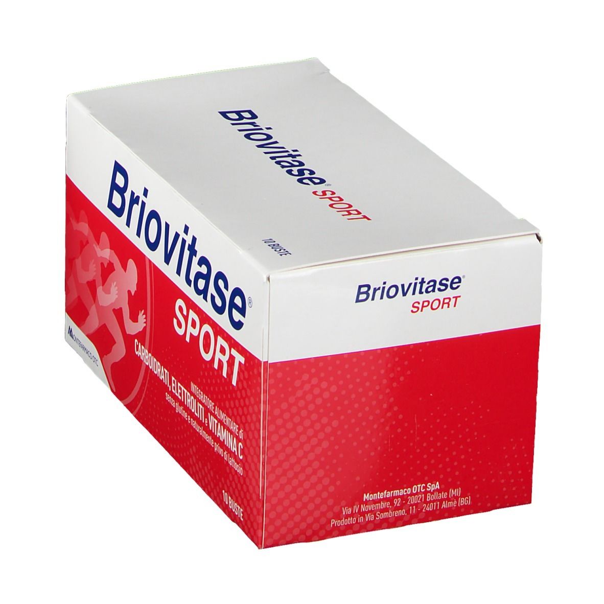Confezione Briovitase Sport. Scatola bianca con area rossa. Nome del prodotto e 10 bustine visibili.