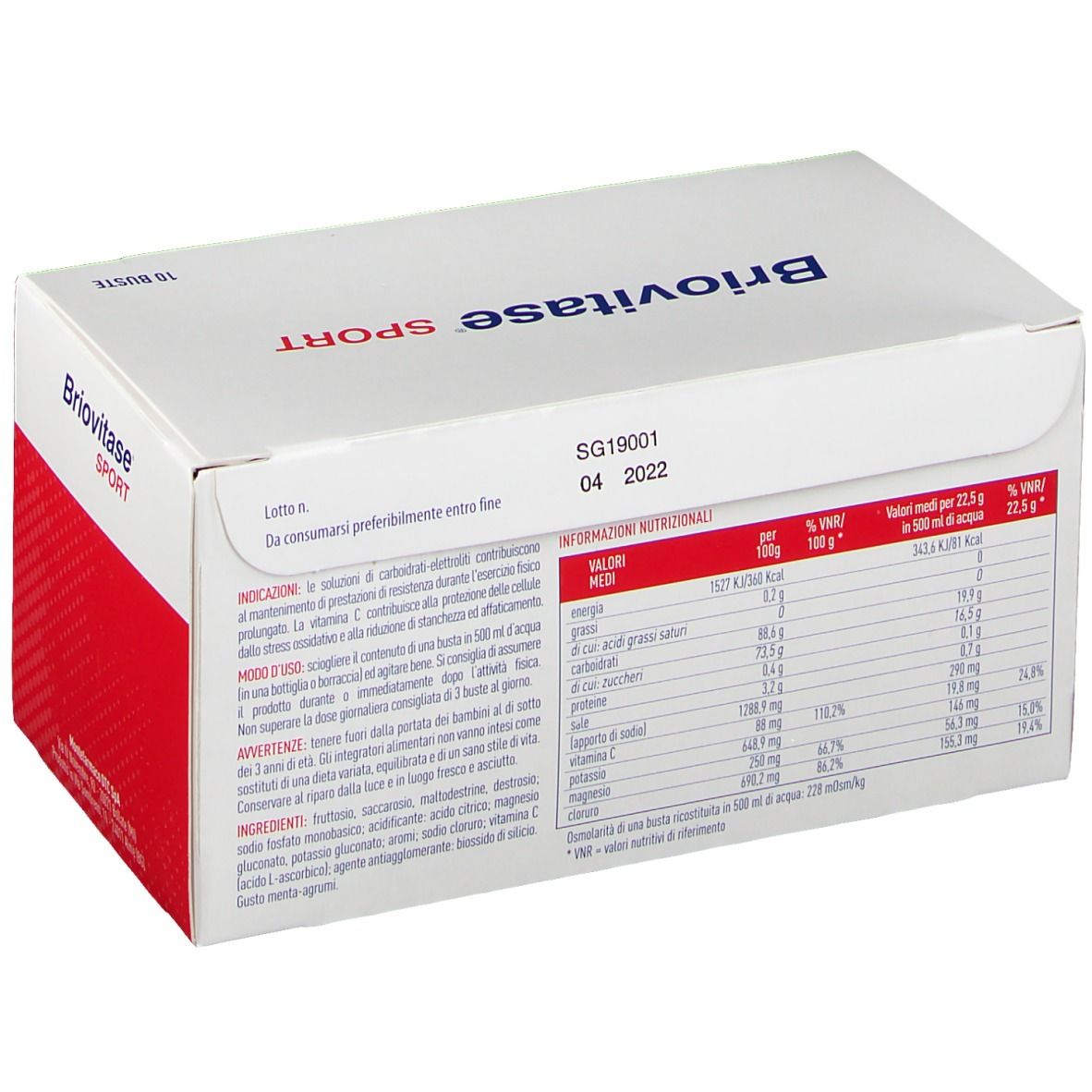 Confezione Briovitase Sport. Retro con informazioni nutrizionali e ingredienti. Scatola bianca con area rossa.