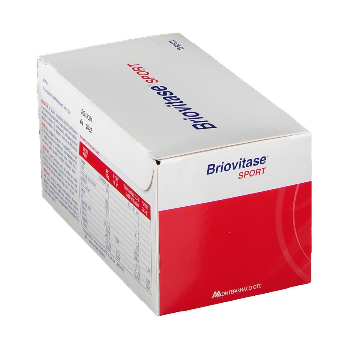 Confezione Briovitase Sport. Lato con informazioni. Scatola bianca con area rossa. Nome del prodotto visibile.