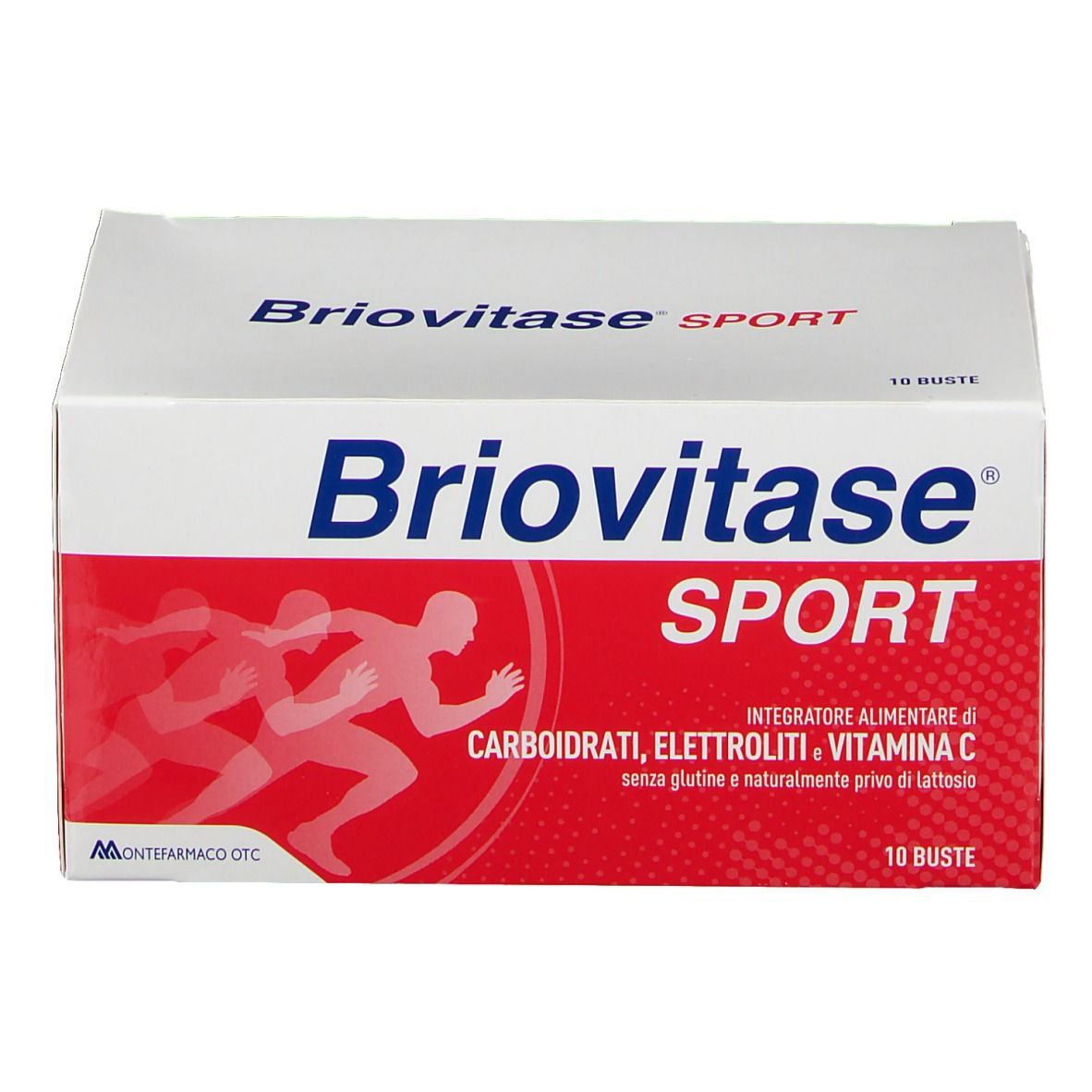 Confezione Briovitase Sport. Scatola bianca con area rossa. Nome del prodotto, corridori e 10 bustine.