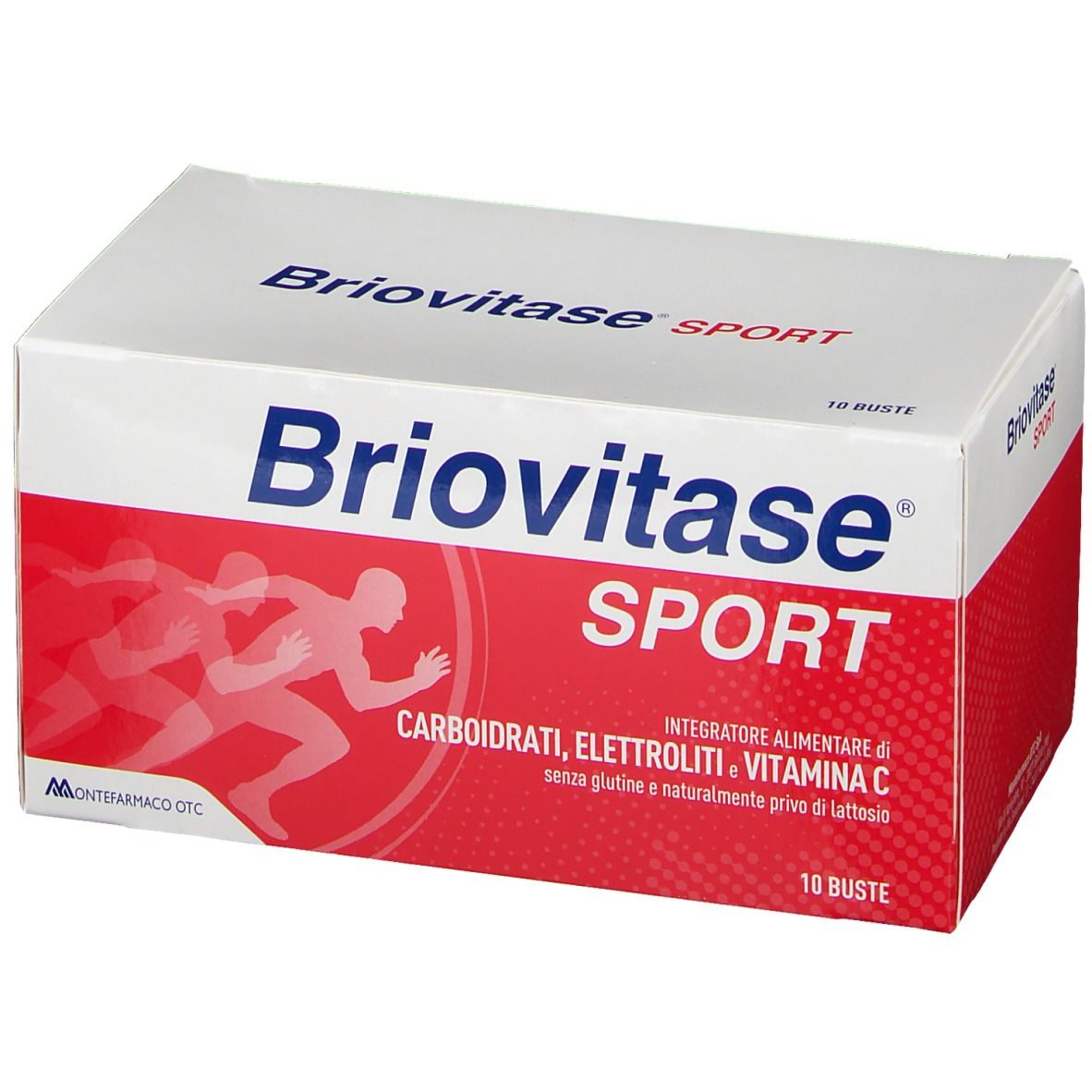 Confezione Briovitase Sport. Scatola bianca con area rossa. Nome del prodotto, corridori e 10 bustine.