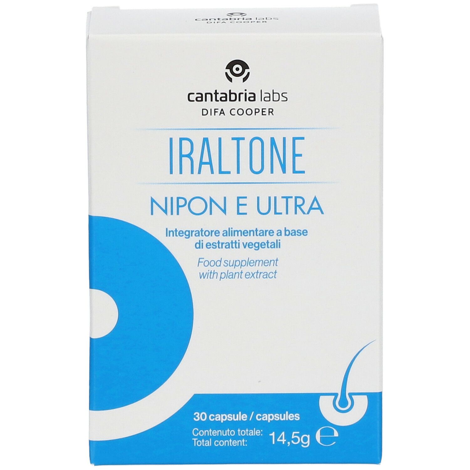 Weiße Schachtel mit blauer Grafik. Aufschrift: Iraltone Nipon E Ultra. 30 Kapseln. Nahrungsergänzungsmittel mit Pflanzenextrakt.
