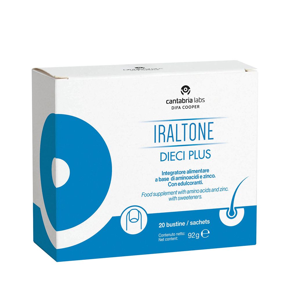 Karton von Iraltone Dieci Plus. Enthält 20 Beutel. Aufschrift: Nahrungsergänzungsmittel mit Aminosäuren und Zink. Mit Süßstoffen.