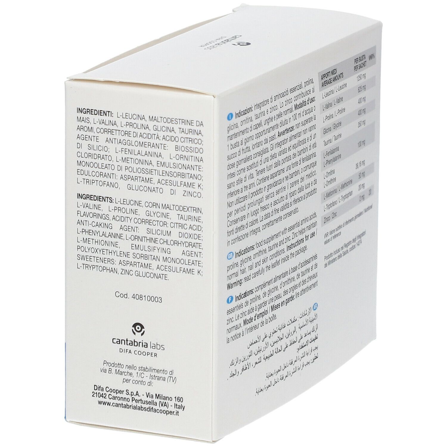 Seitenansicht der Iraltone Dieci Plus Verpackung. Enthält Informationen zu Inhaltsstoffen. Text in mehreren Sprachen.