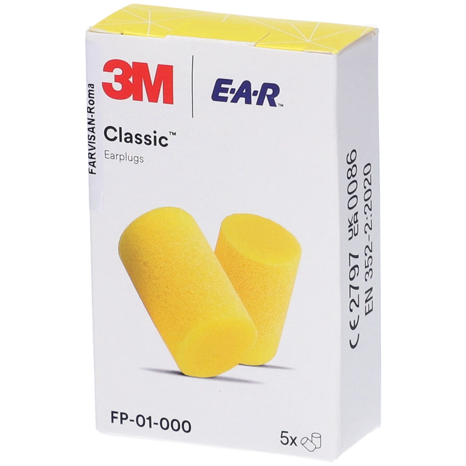 Tappi per le orecchie gialli accanto a una scatola bianca con stampa 3M E-A-R Classic. 5 pezzi.