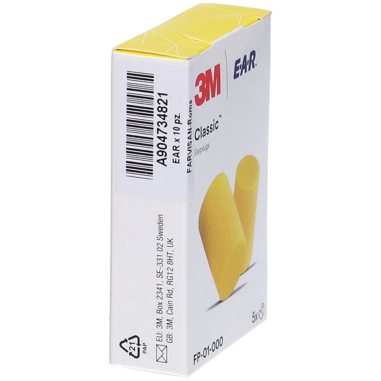 Scatola bianca con tappi per le orecchie gialli e stampa 3M E-A-R Classic. Codice a barre e testo: EAR x 10 Pz.