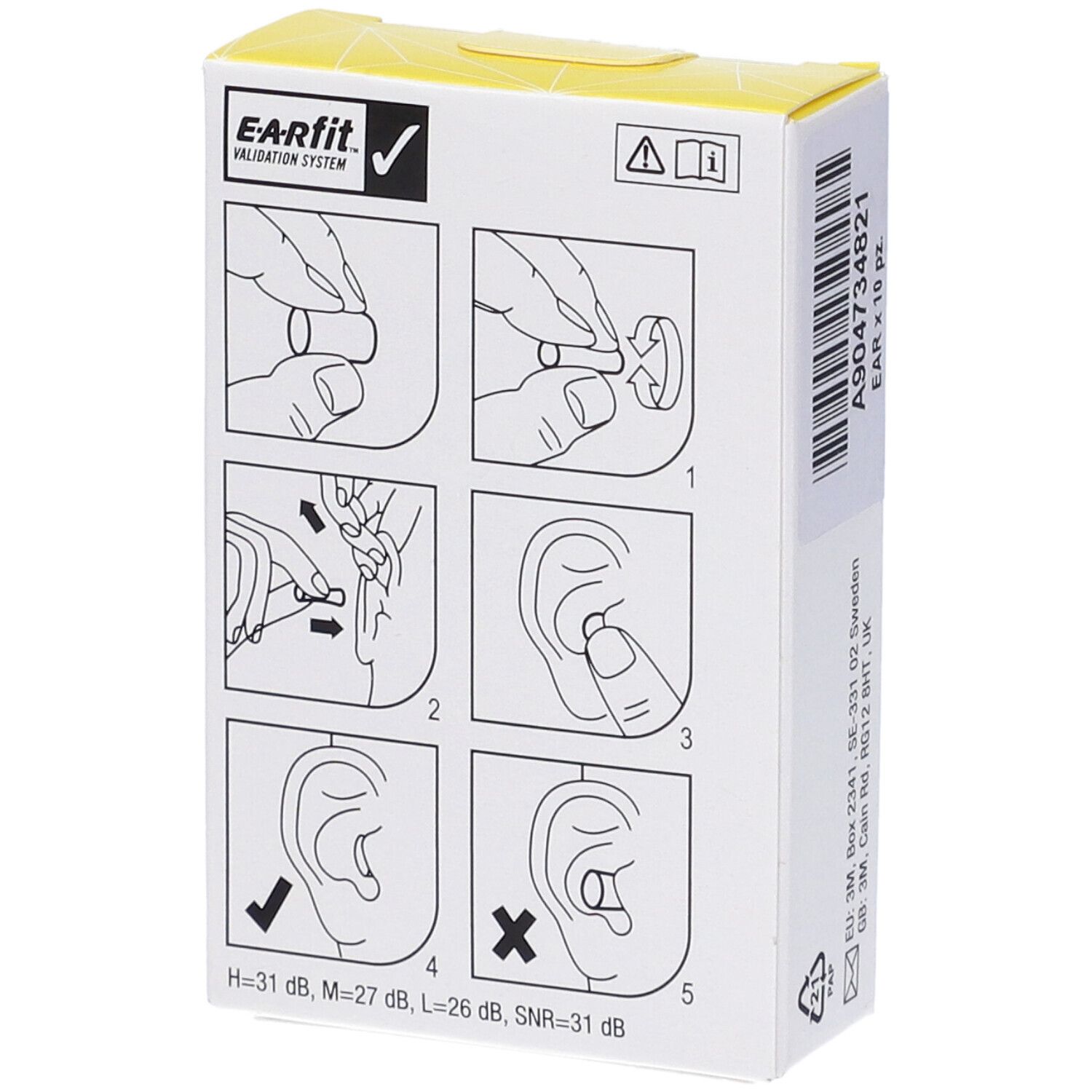 Scatola bianca con illustrazioni sull'uso dei tappi per le orecchie. Testo: E-A-Rfit Validation System.