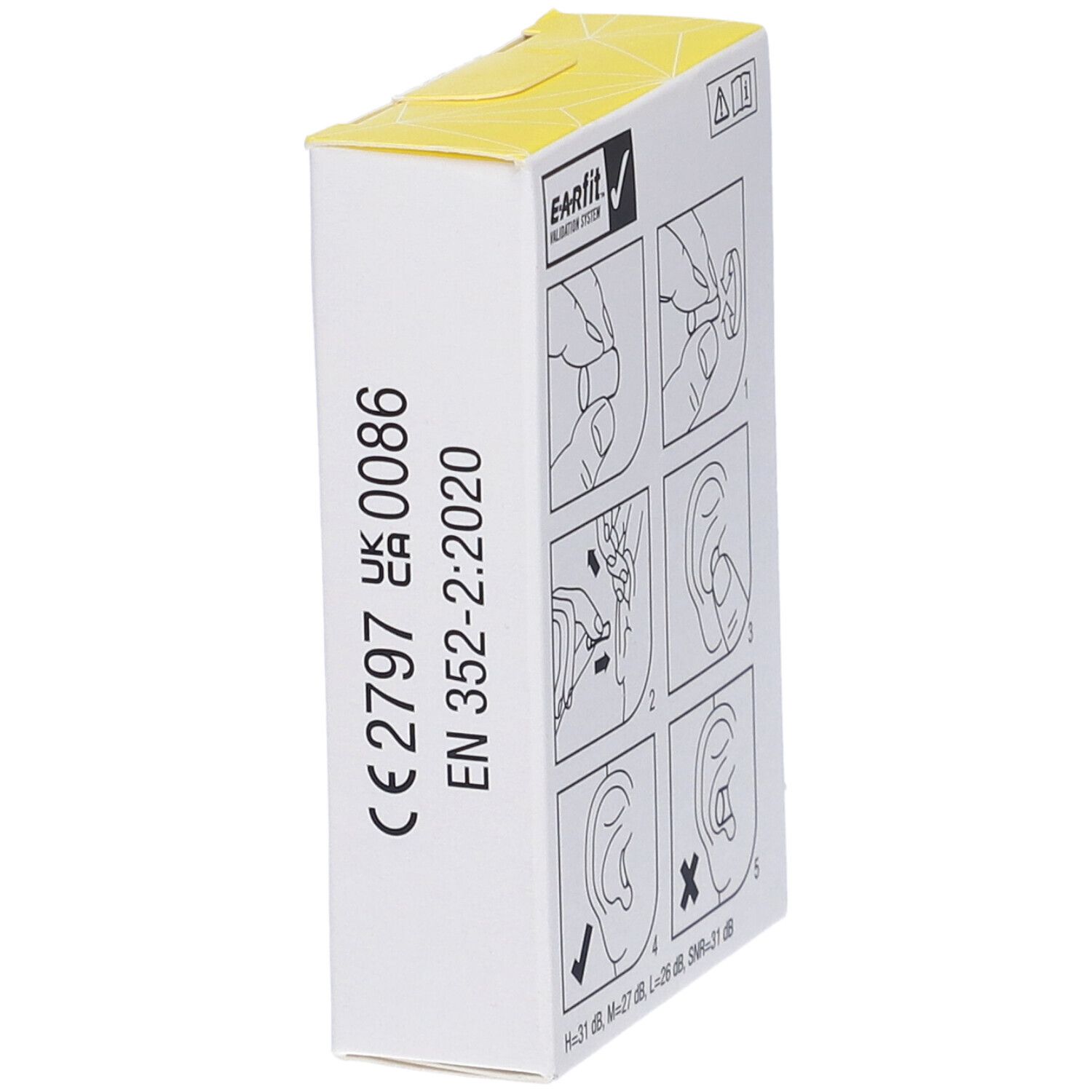 Scatola bianca con testo e illustrazioni. Testo: CE 2797, EN 352-2:2020, E-A-Rfit Validation System.