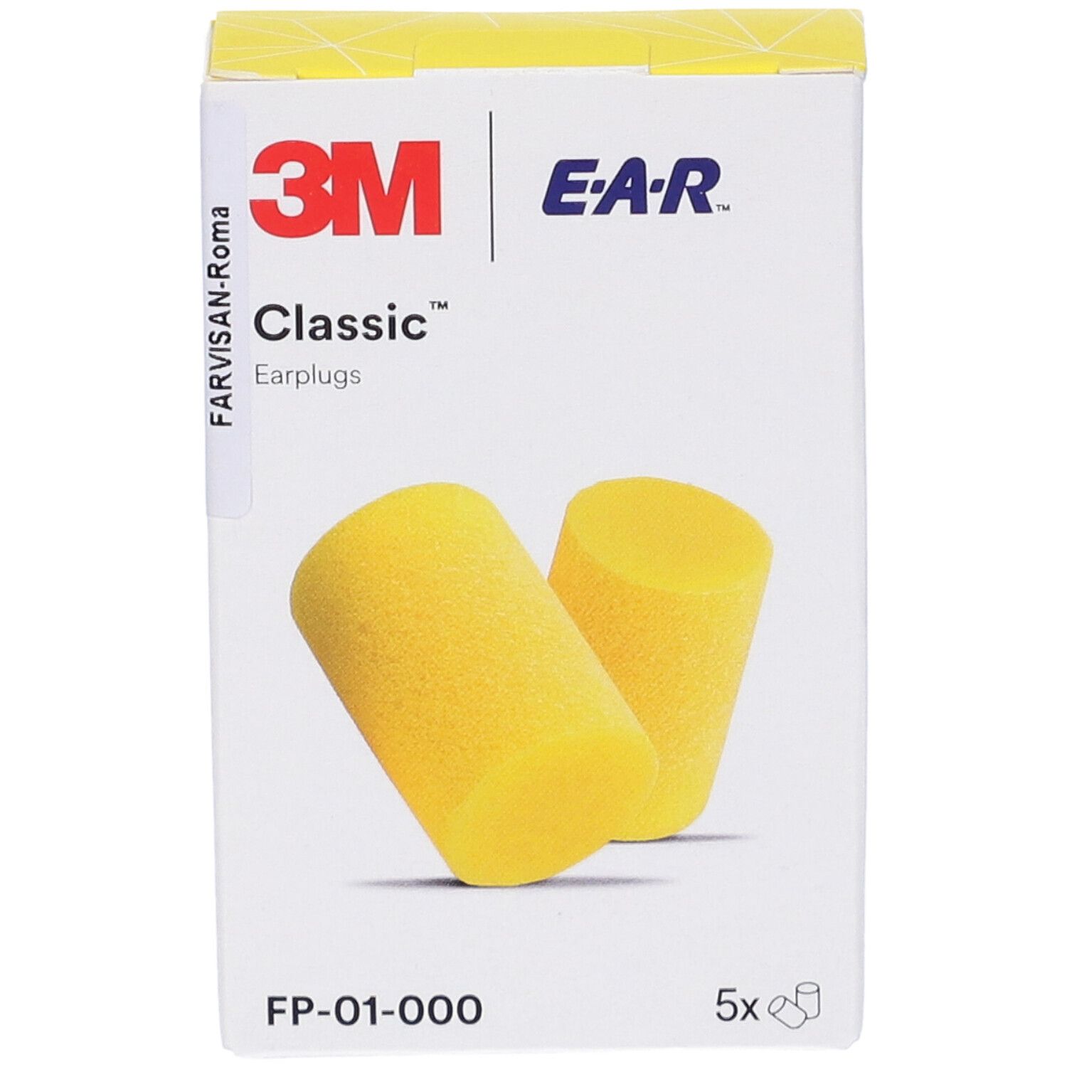 Tappi per le orecchie gialli accanto a una scatola bianca con stampa 3M E-A-R Classic. 5 pezzi.