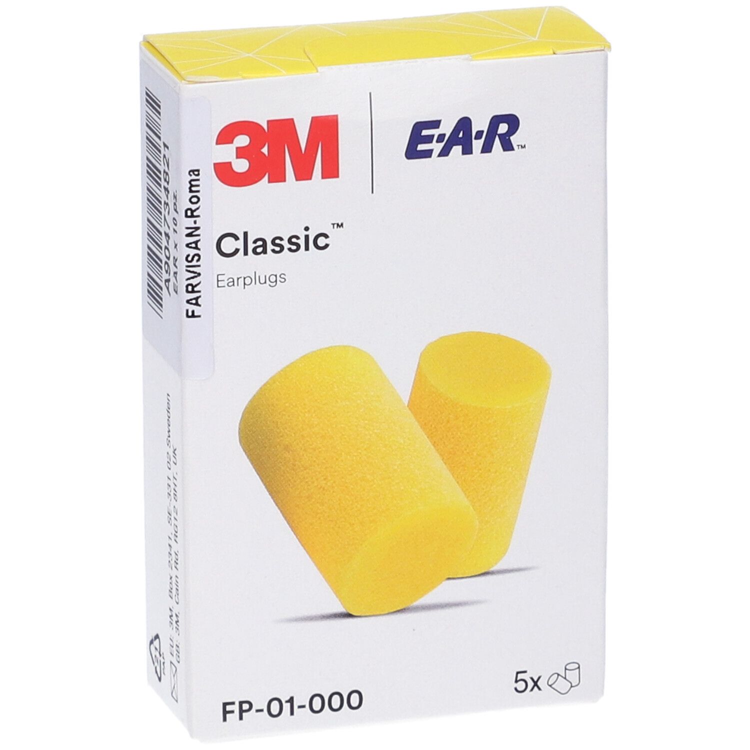Tappi per le orecchie gialli accanto a una scatola bianca con stampa 3M E-A-R Classic. 5 pezzi.