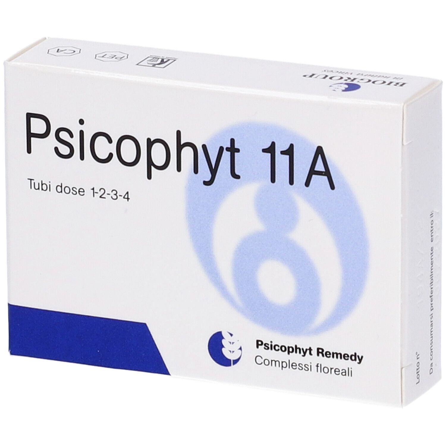 Scatola bianca con scritta Psicophyt 11A. Logo e testo: Psicophyt Remedy, Complessi floreali. Testo: Tubi dose 1-2-3-4.