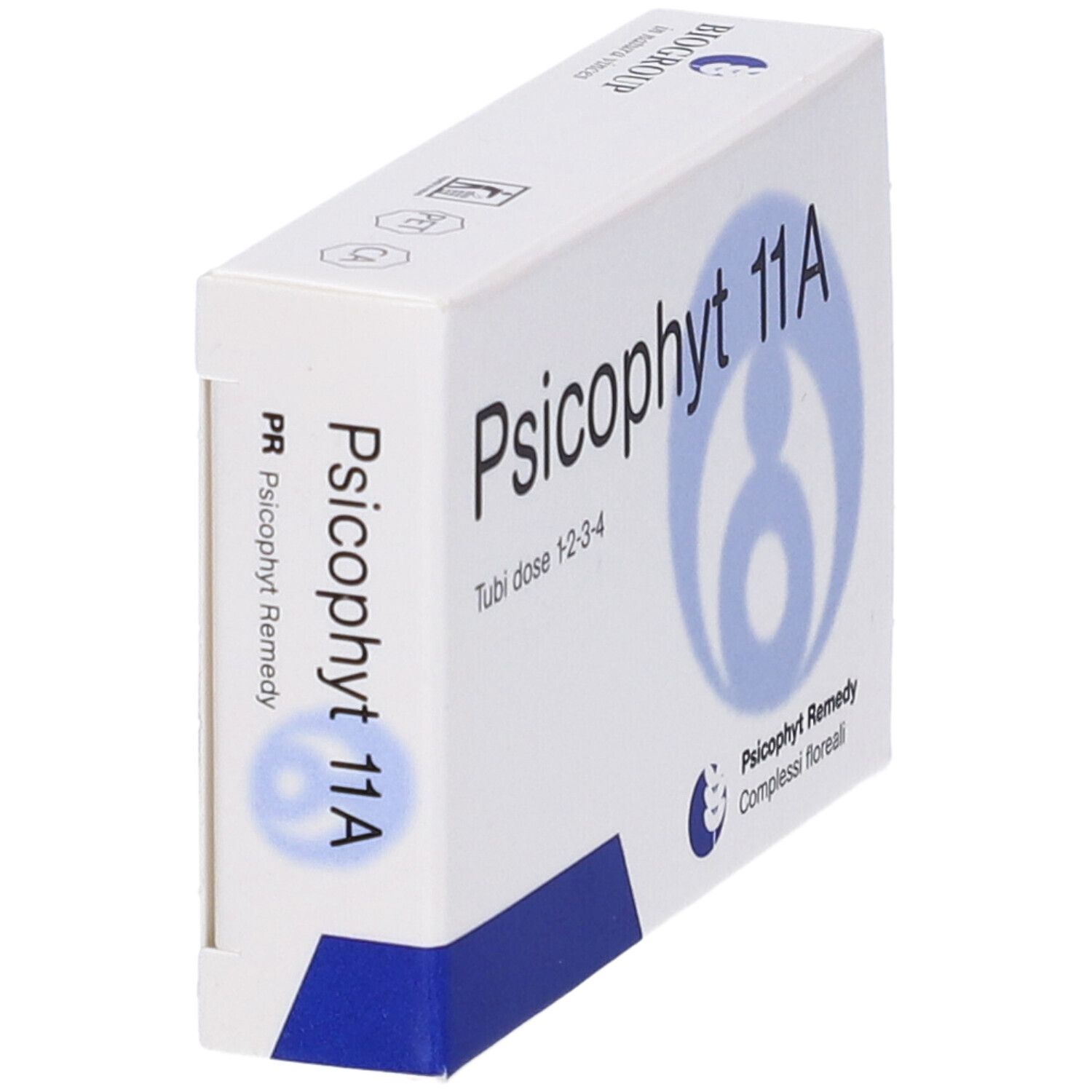 Scatola bianca con scritta Psicophyt 11A. Logo e testo: Psicophyt Remedy, Complessi floreali. Testo: Tubi dose 1-2-3-4.