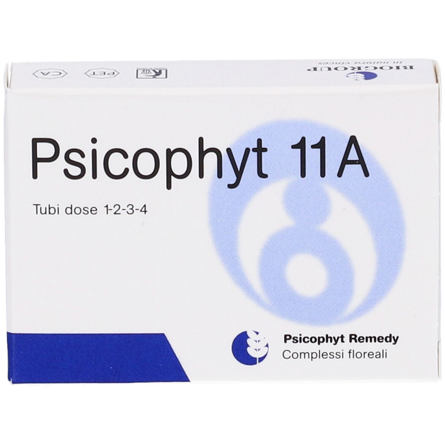 Scatola bianca con scritta Psicophyt 11A. Testo: Tubi dose 1-2-3-4. Logo e testo: Psicophyt Remedy, Complessi floreali.